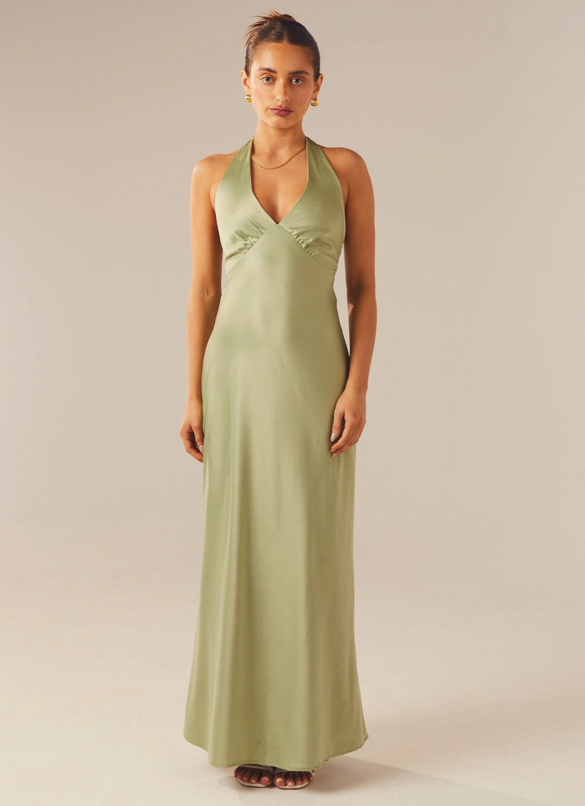 Street Ready Heavy Hearted Satin Maxi Dress - Sage