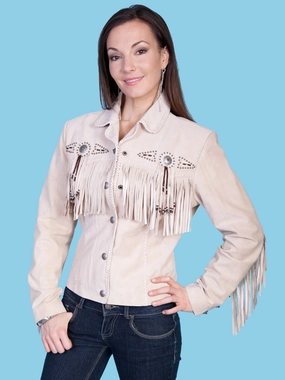 Tailored Silhouette Scully Womens Fringe Yoke Beaded Sand Leather Leather Jacket 1X