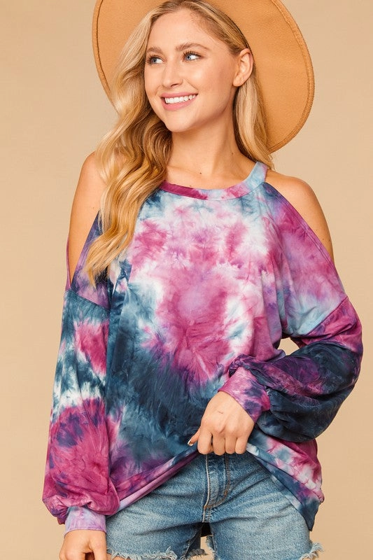 ReflectiveTrimDetails Tagless Comfort Heidi Tie Dye Bubble Sleeve Cold Shoulder Top
