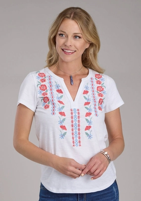 Roper Womens 2434 Red Flowers White 100% Cotton S/S T-Shirt elegant design Dinner Date