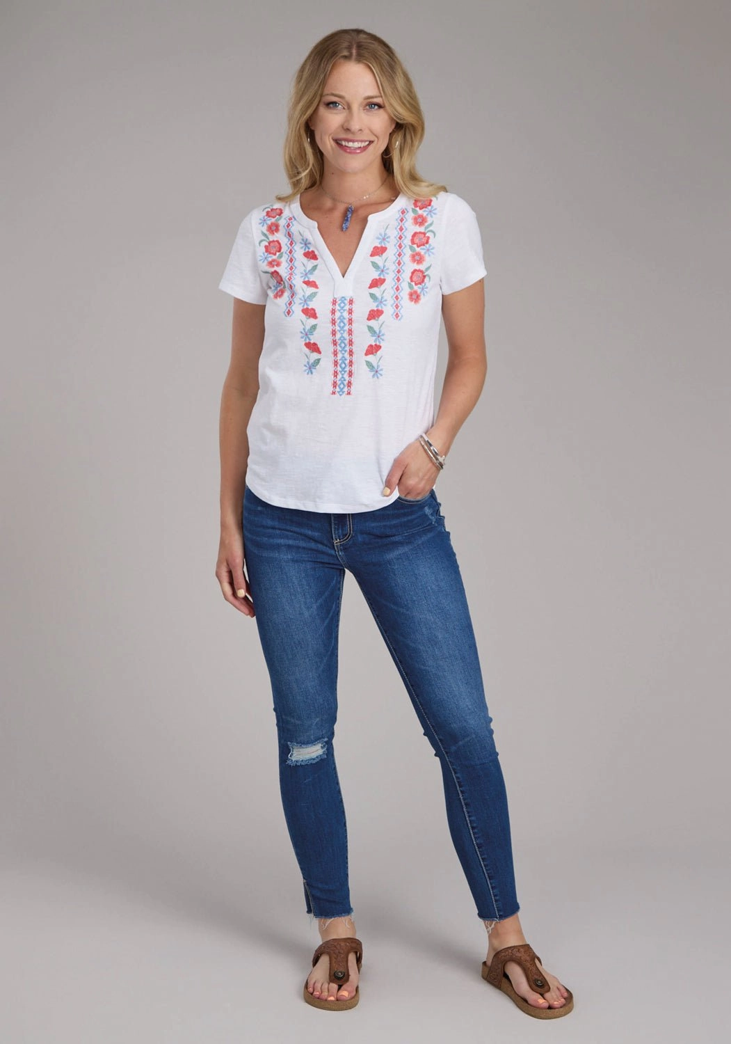 Seasonal Collection Comfort-First Roper Womens 2434 Red Flowers White 100% Cotton S/S T-Shirt