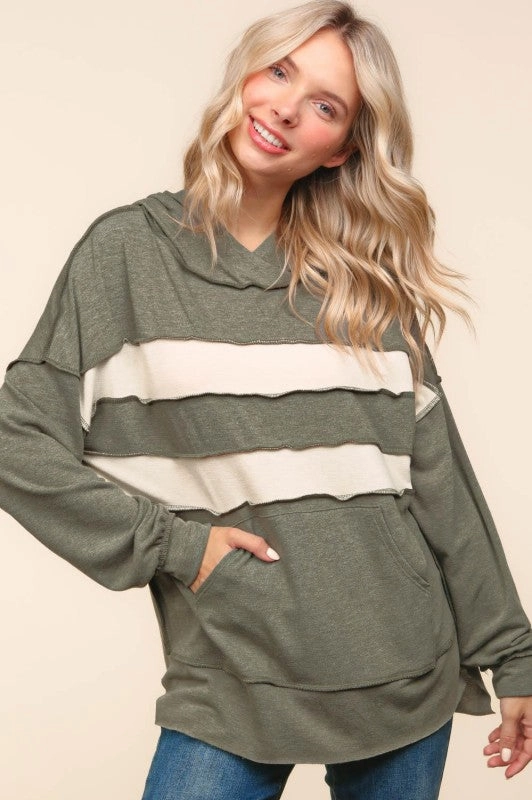 YarnDyeStripe Henley Hoodie Pullover Top W/kangaroo Pocket