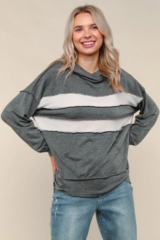 Sporty Cardigan Basic Wardrobe Henley Hoodie Pullover Top W/kangaroo Pocket