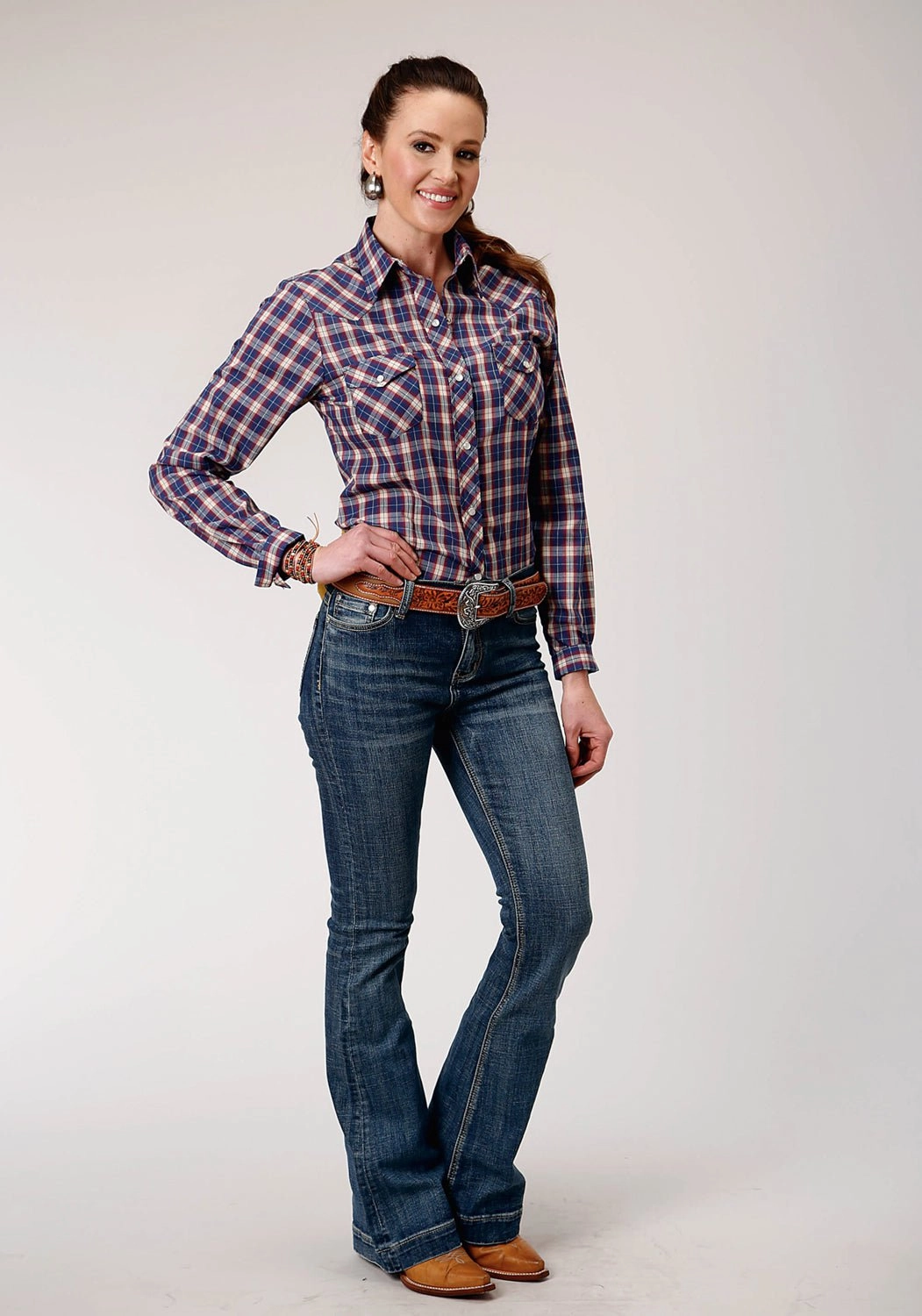 Mesh Insert Festive Look Roper Womens Cream Windowpane Blue Cotton Blend L/S Shirt