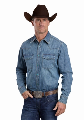 Sweat-Absorbing Layering Piece Stetson Mens Turquoise Hex Snaps Stonewashed Denim 100% Cotton L/S Shirt