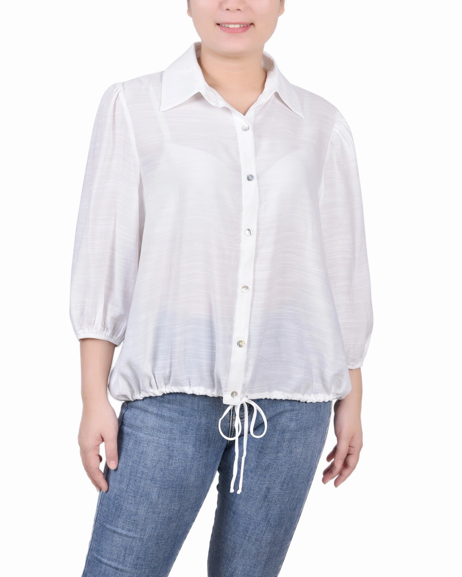 DoubleStitched Hemming 3/4 Sleeve Drawstring Blouse