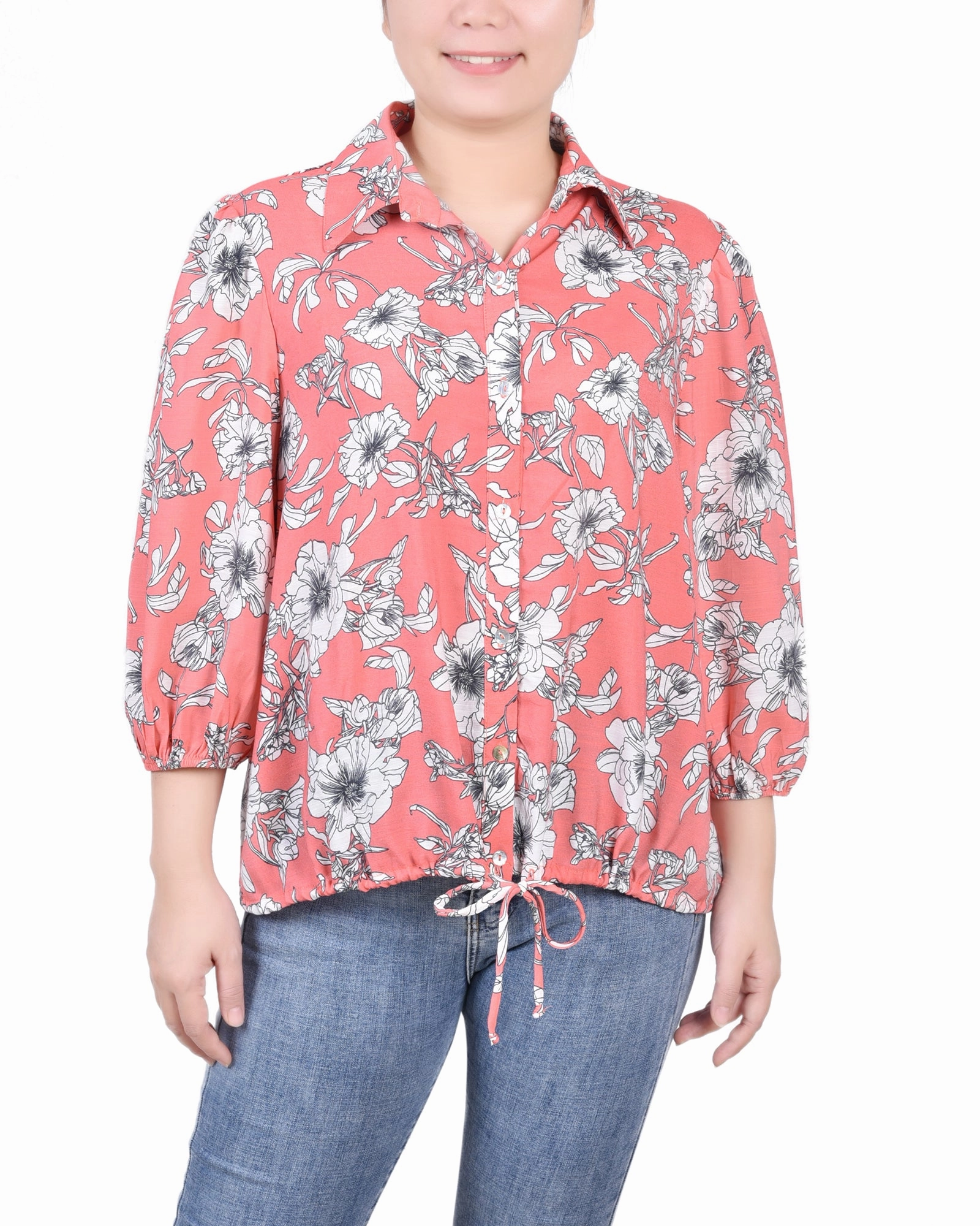 AllDayComfort Basic Sweatshirt 3/4 Sleeve Drawstring Blouse