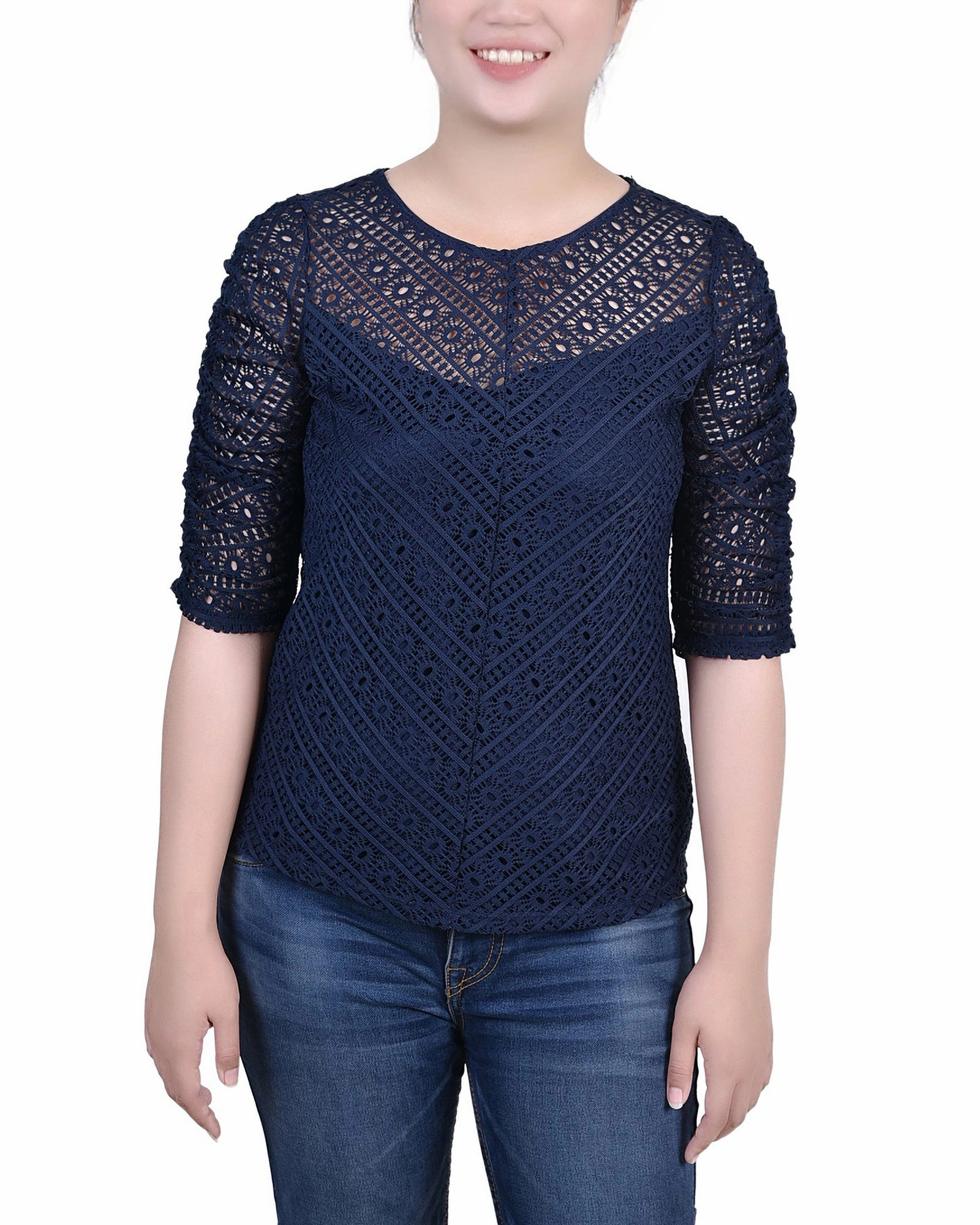 TemperatureRegulating Petite Rouched Sleeve Lace Top