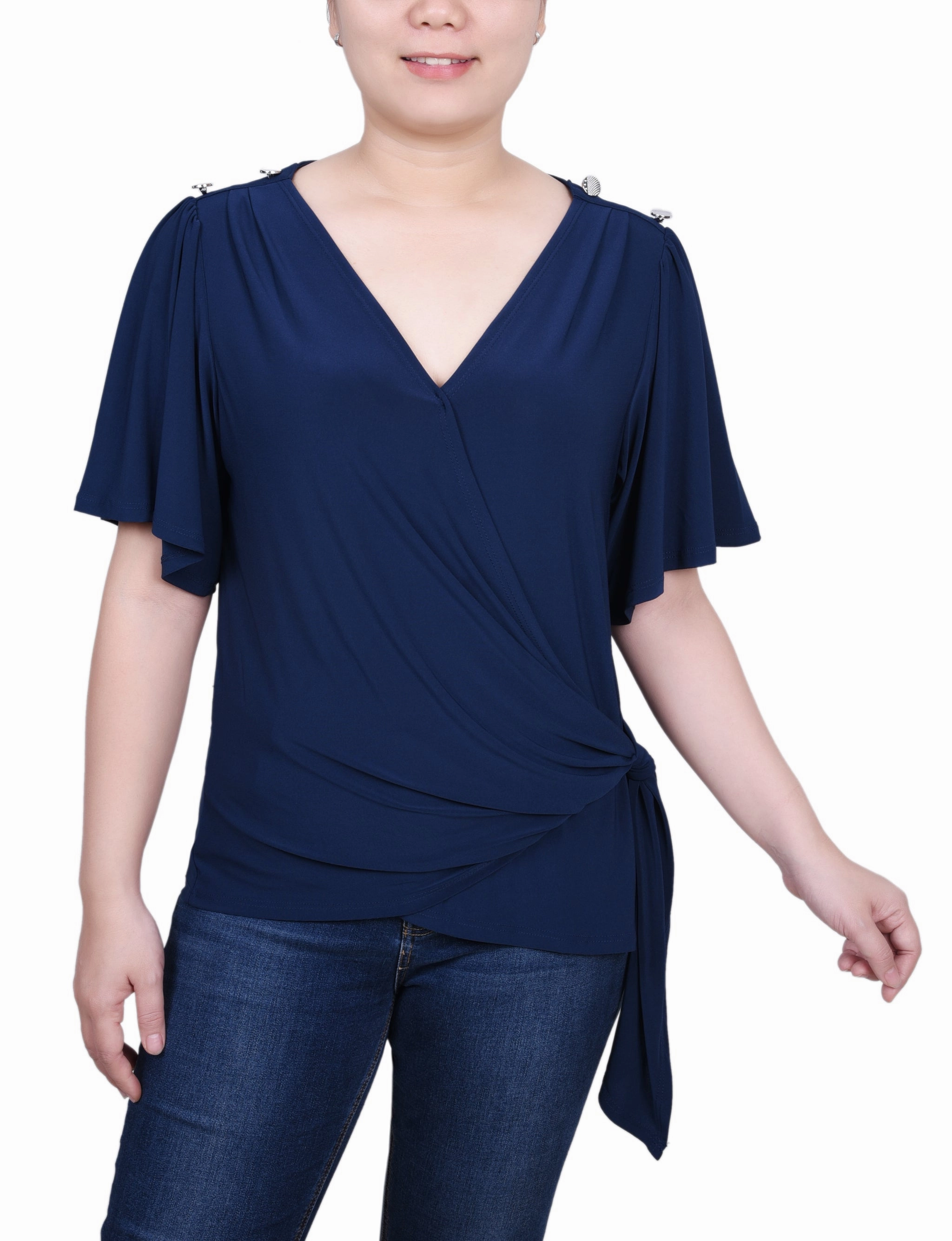 FlexibleRibbing AntiPillTreatment Petite Short Sleeve Wrap Top