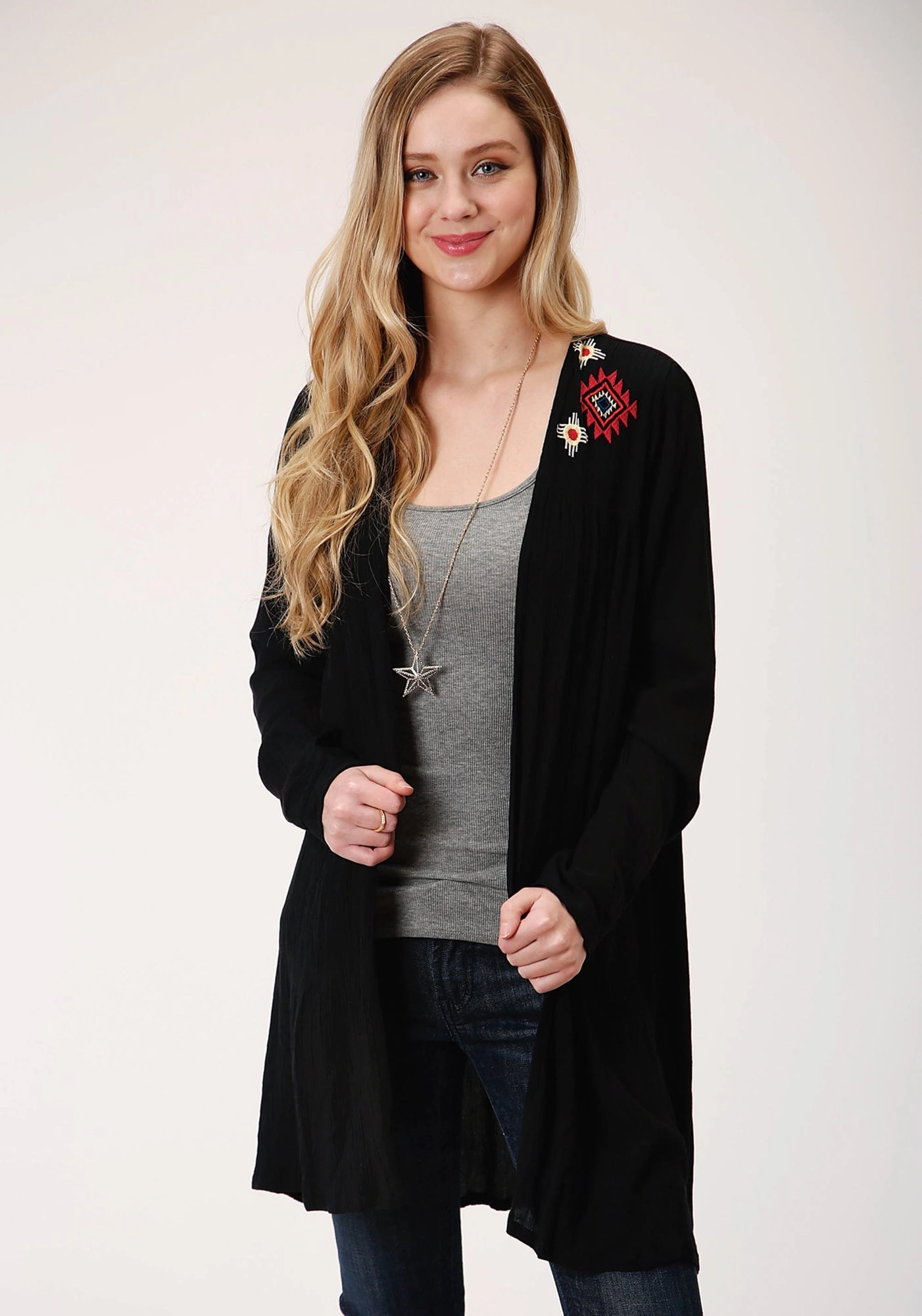 Roper Womens Black Rayon/Nylon Western Embroidery Cardigan Comfy Wear Versatile Apparel