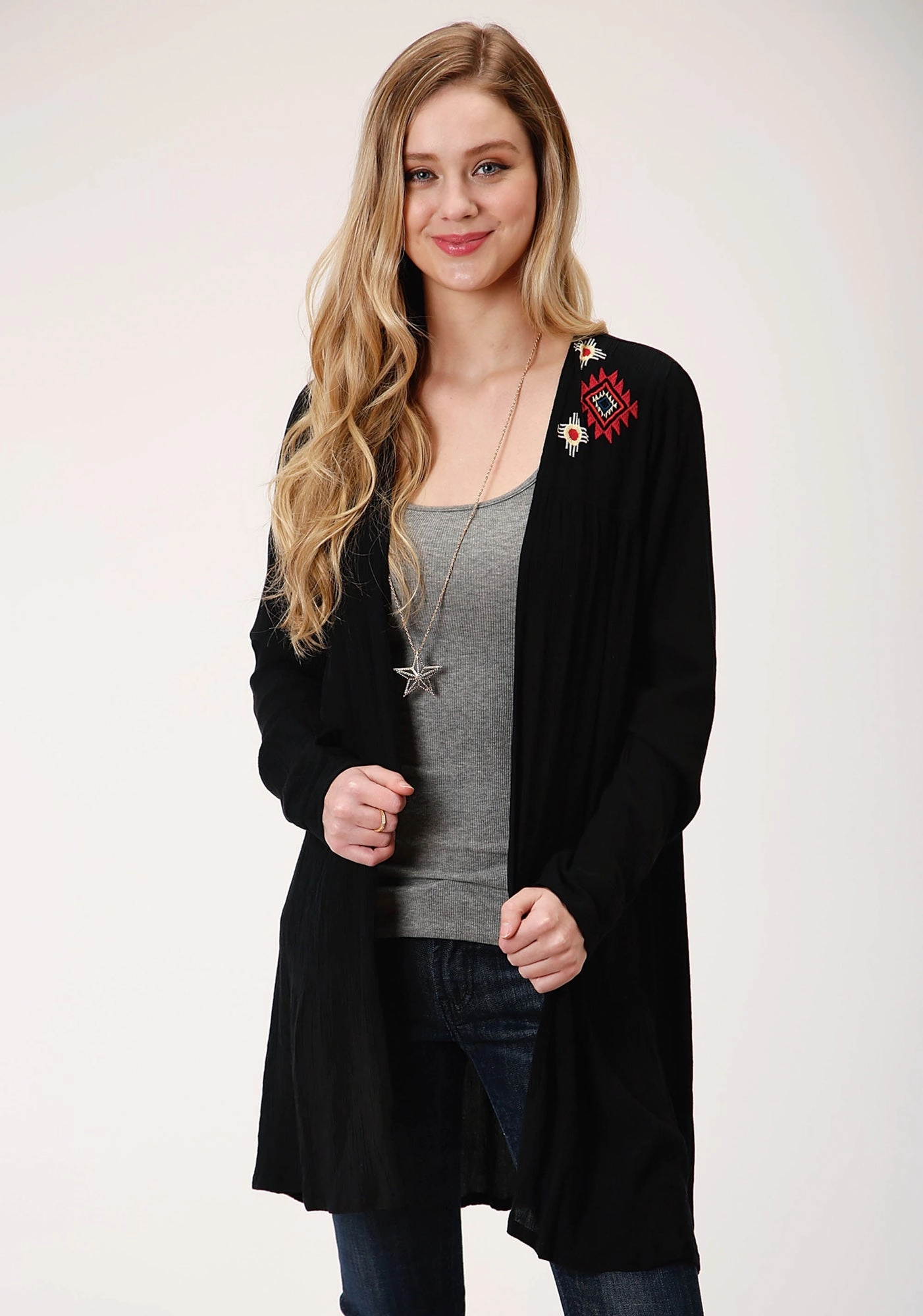 High Collar Roper Womens Black Rayon/Nylon Western Embroidery Cardigan