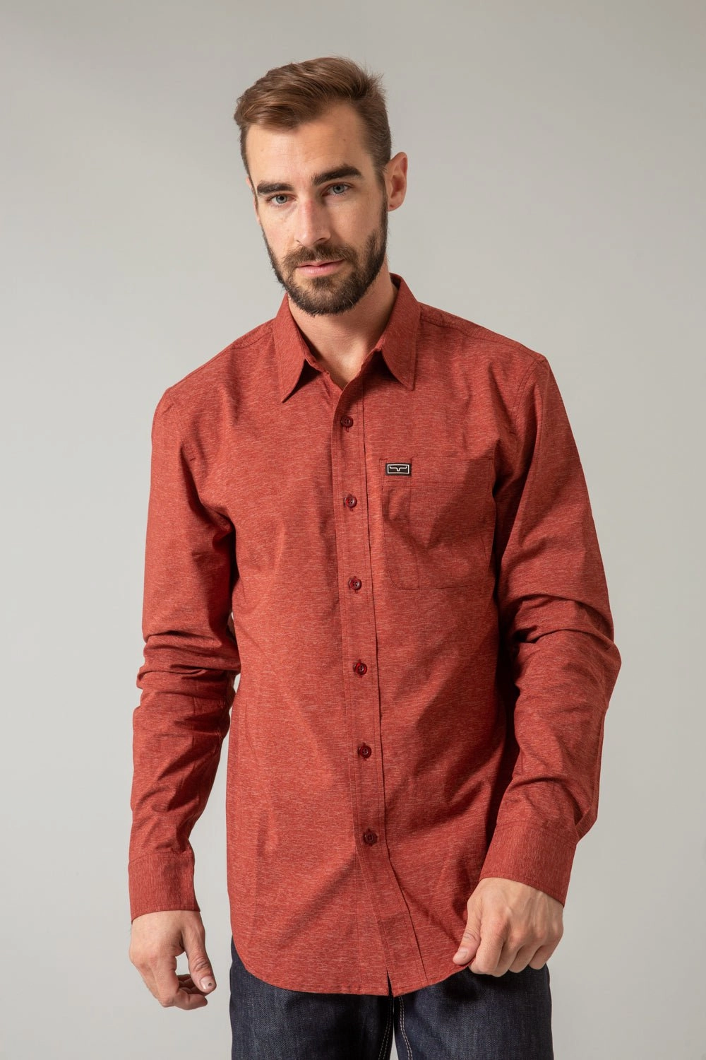 Kimes Ranch Mens Linville Solid Red Cotton blend L/S Shirt Minimalist Closure Mountain Escape