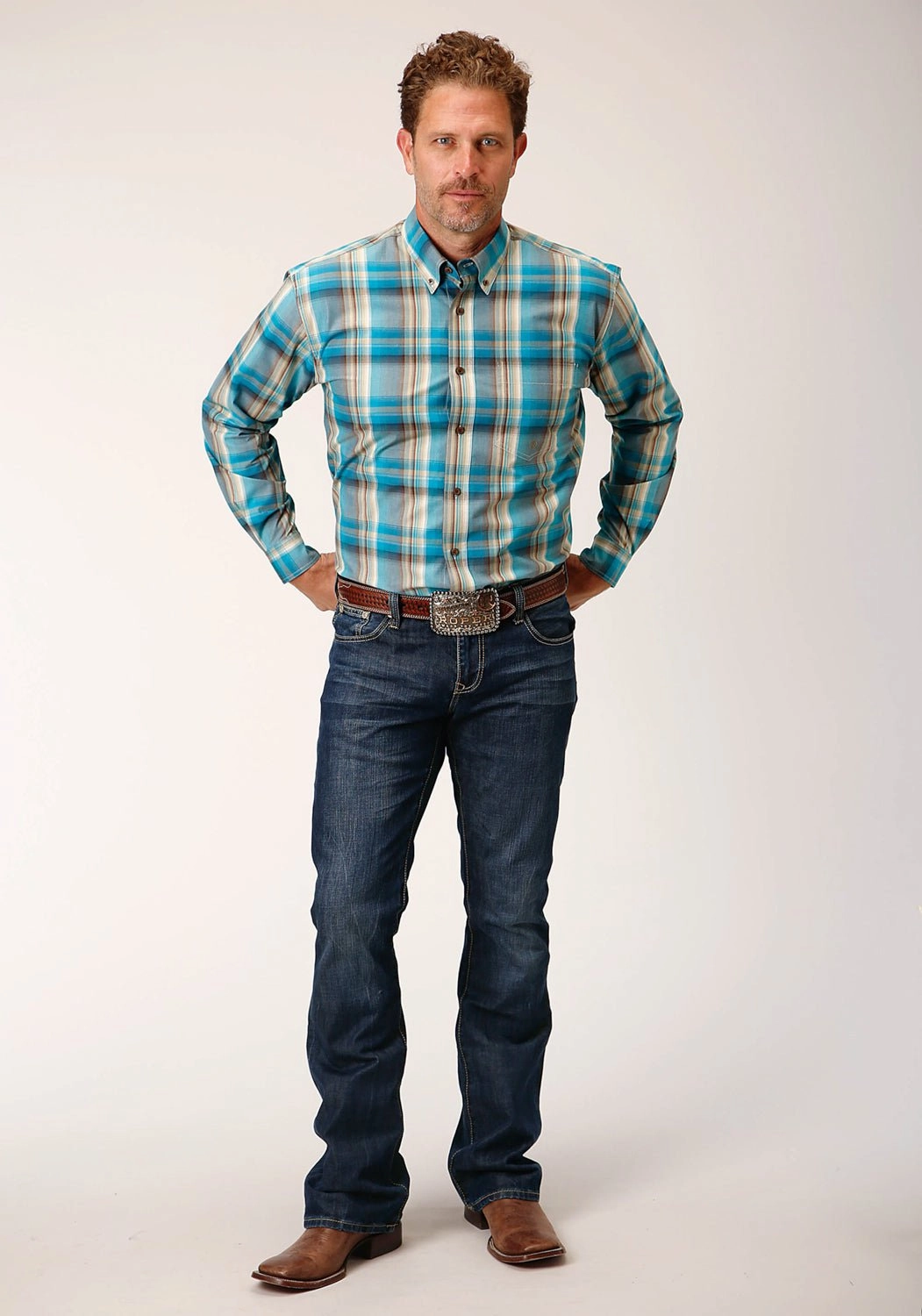 Current Style Vibrant Colors Roper Mens Sandy Plaid Turquoise 100% Cotton L/S Shirt