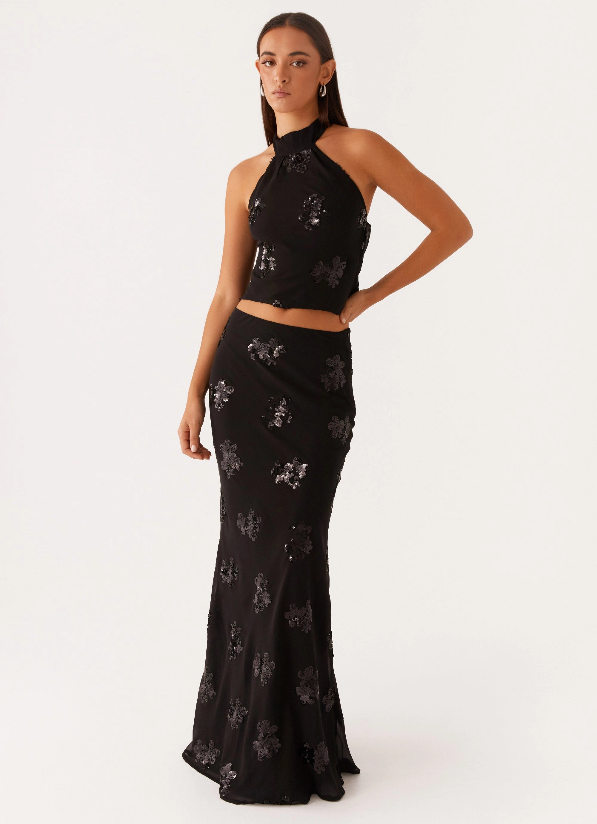 Petal Sleeve Architecture AntiPillingTreatment Cillian Sequin Halter Top - Black