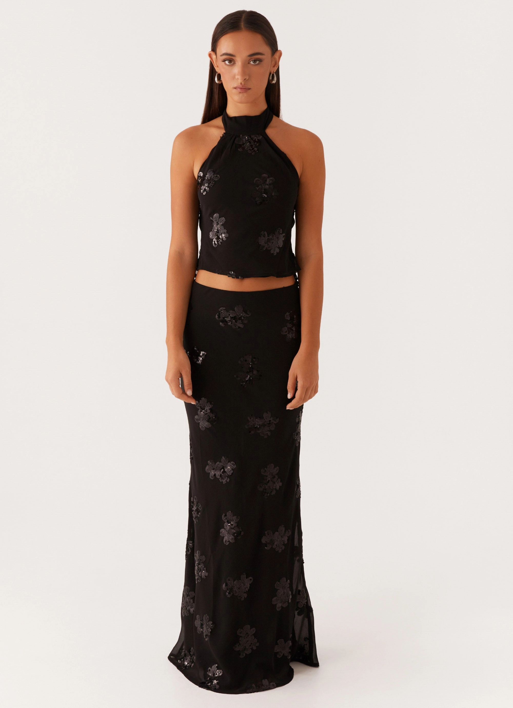Cillian Sequin Halter Top - Black Cozy Sweatshirt Interlock Stitch Detail