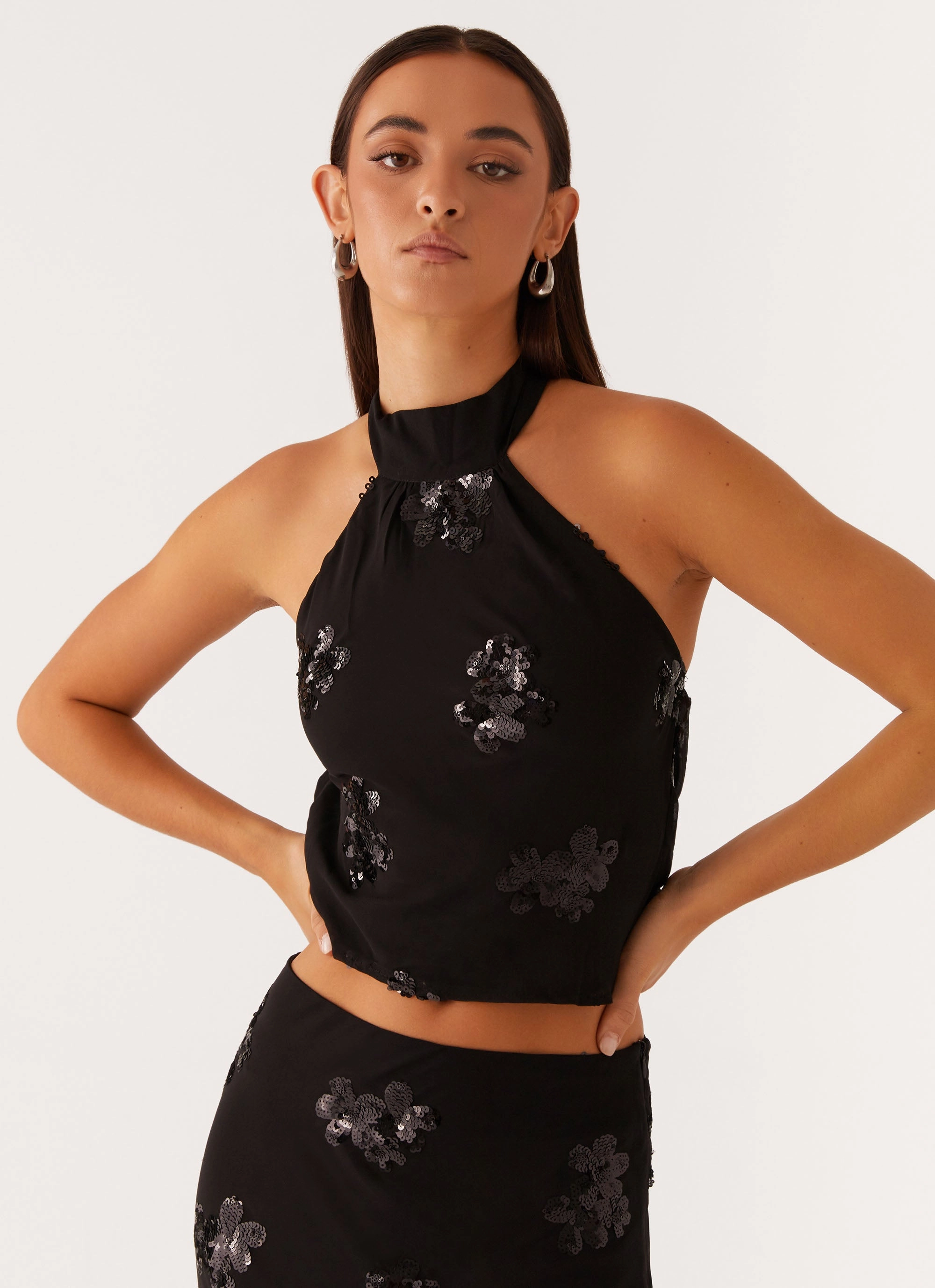 Cillian Sequin Halter Top - Black HypoallergenicFibers Rubberized grip