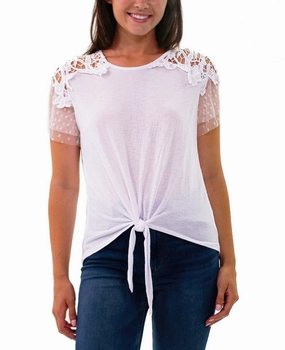 Petite Short Point De Sprit Sleeve Top With Crochet Detail And Knotted Hem All Season Wear Fabric