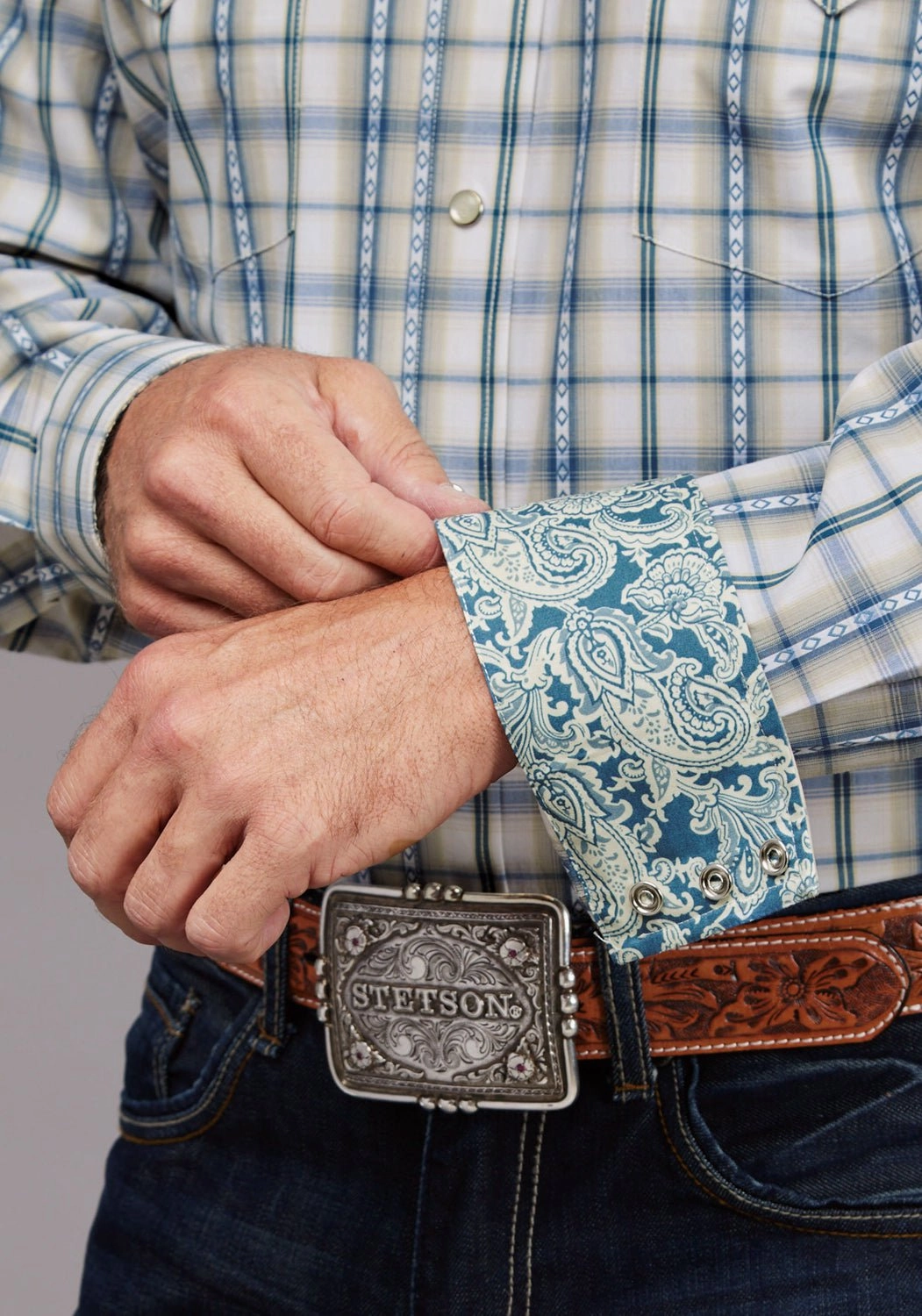 bohemian flair Petite Option Stetson Mens Shadow Dobby Plaid Blue 100% Cotton L/S Shirt