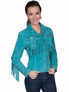 Waterproof Design Scully Leather Womens Beaded Fringe Conchos Boar Suede Jacket Turquoise L
