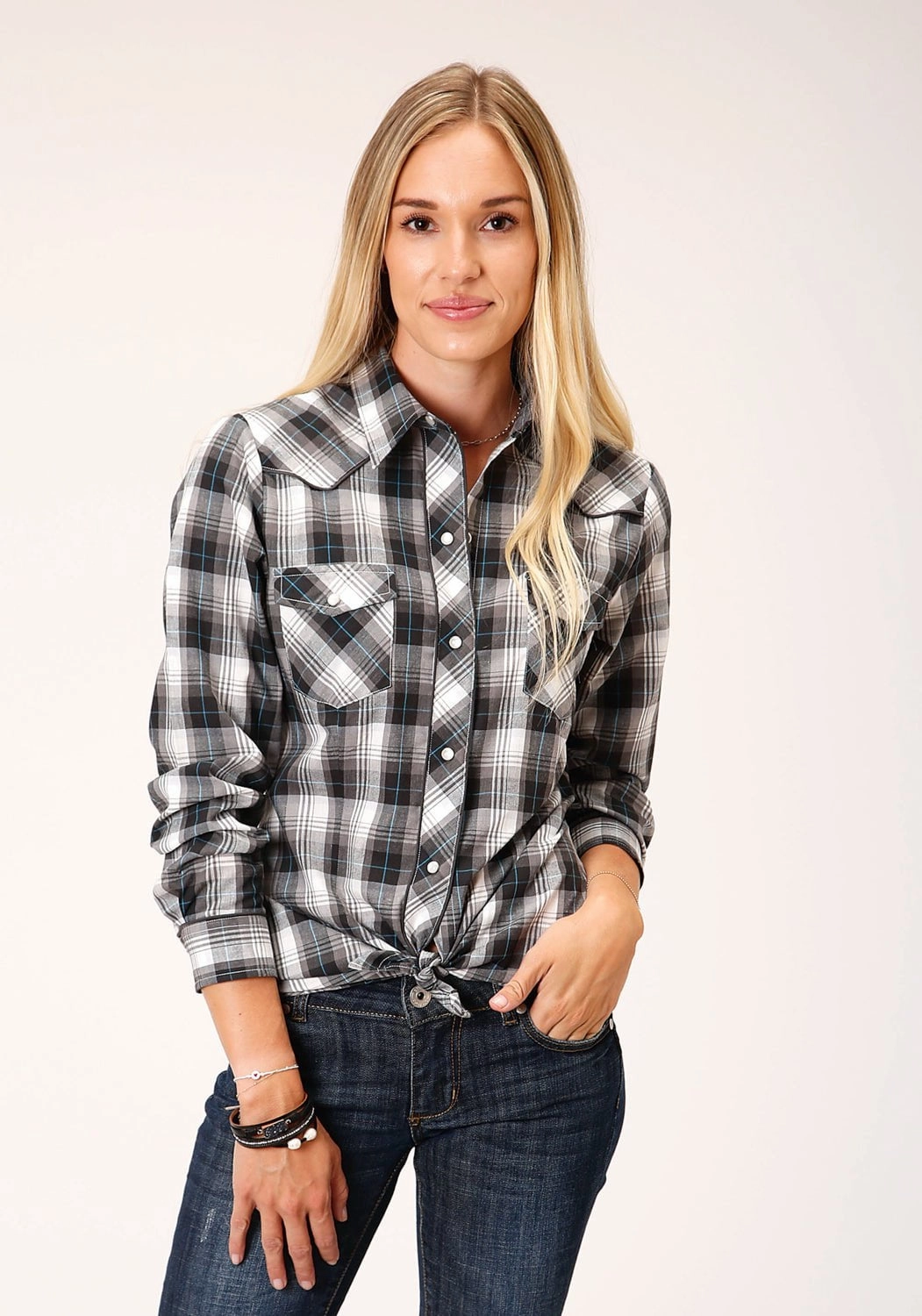 Roper Womens 1628 Plaid White/Black Cotton Blend L/S Shirt Day-To-Night Wear Smart Appearance