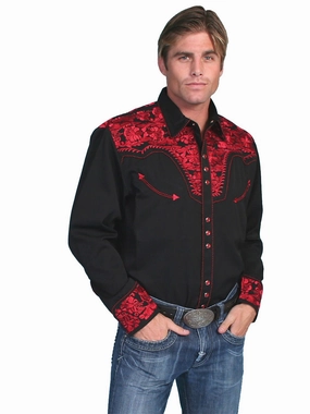Scully Mens Crimson Poly/Rayon Tooled Floral L/S Shirt Versatile Style Bold colors