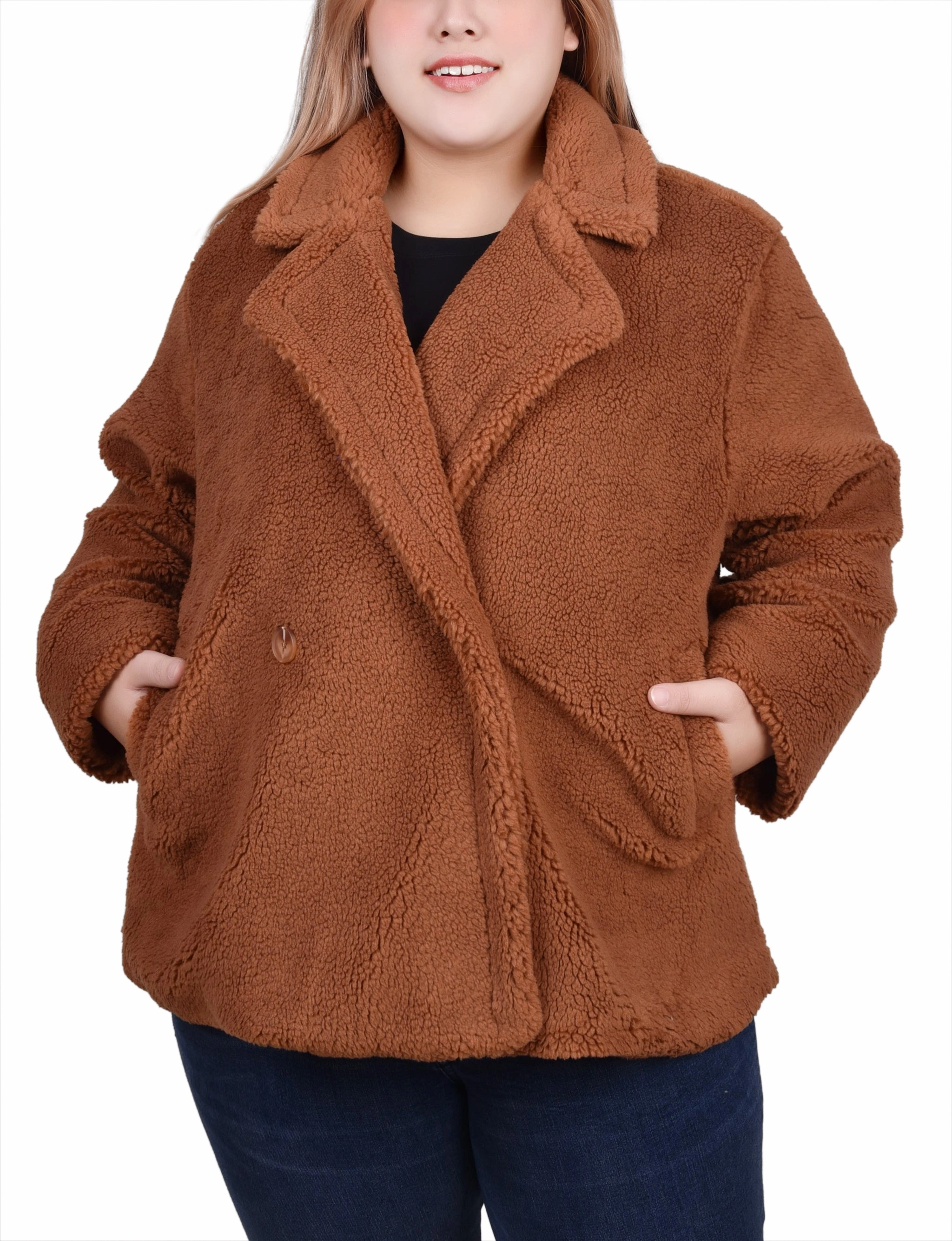 Plus Size Long Sleeve Double Breasted Sherpa Jacket UVProtection CrossBackDesign