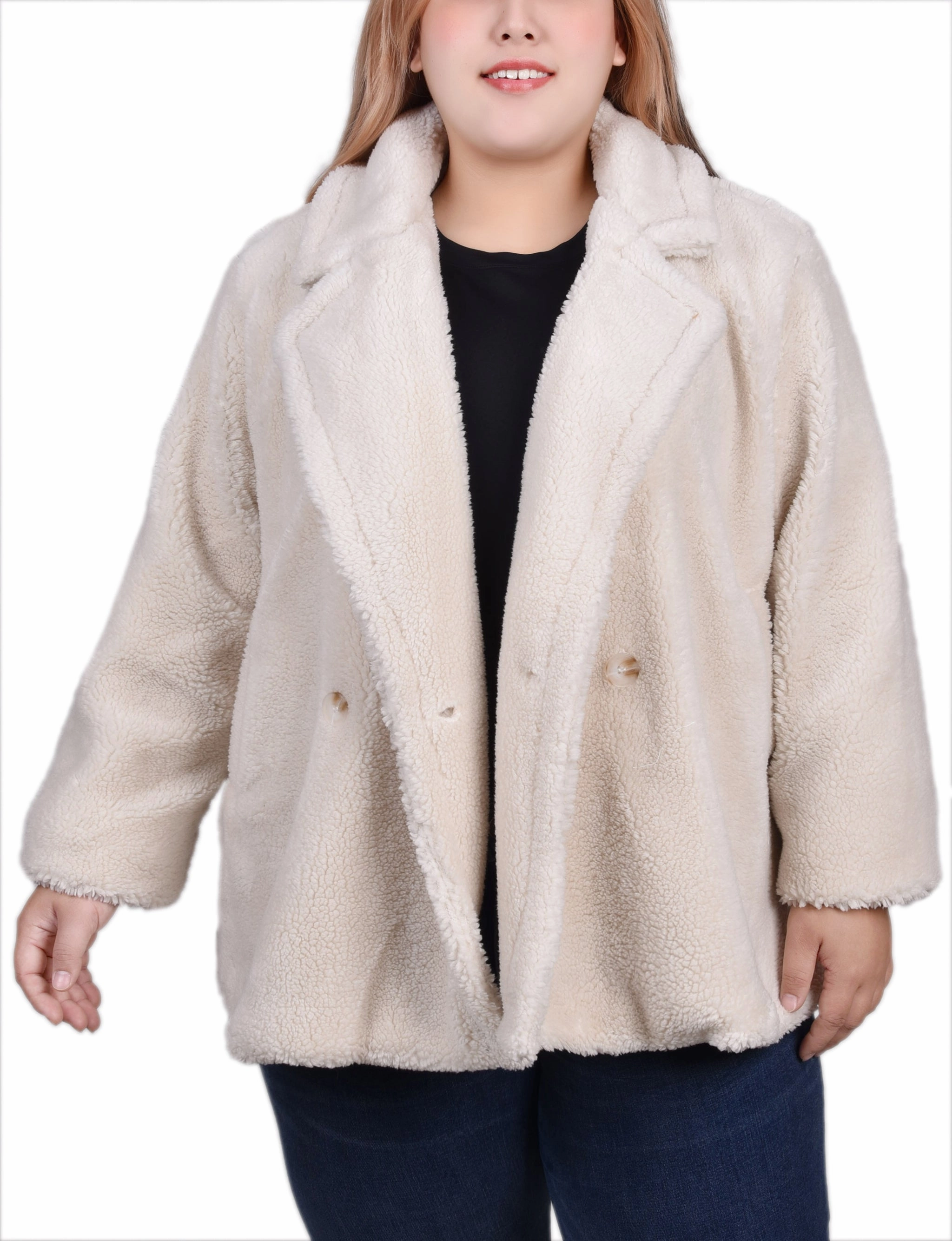QuickDry Textile Slim Silhouette Plus Size Long Sleeve Double Breasted Sherpa Jacket