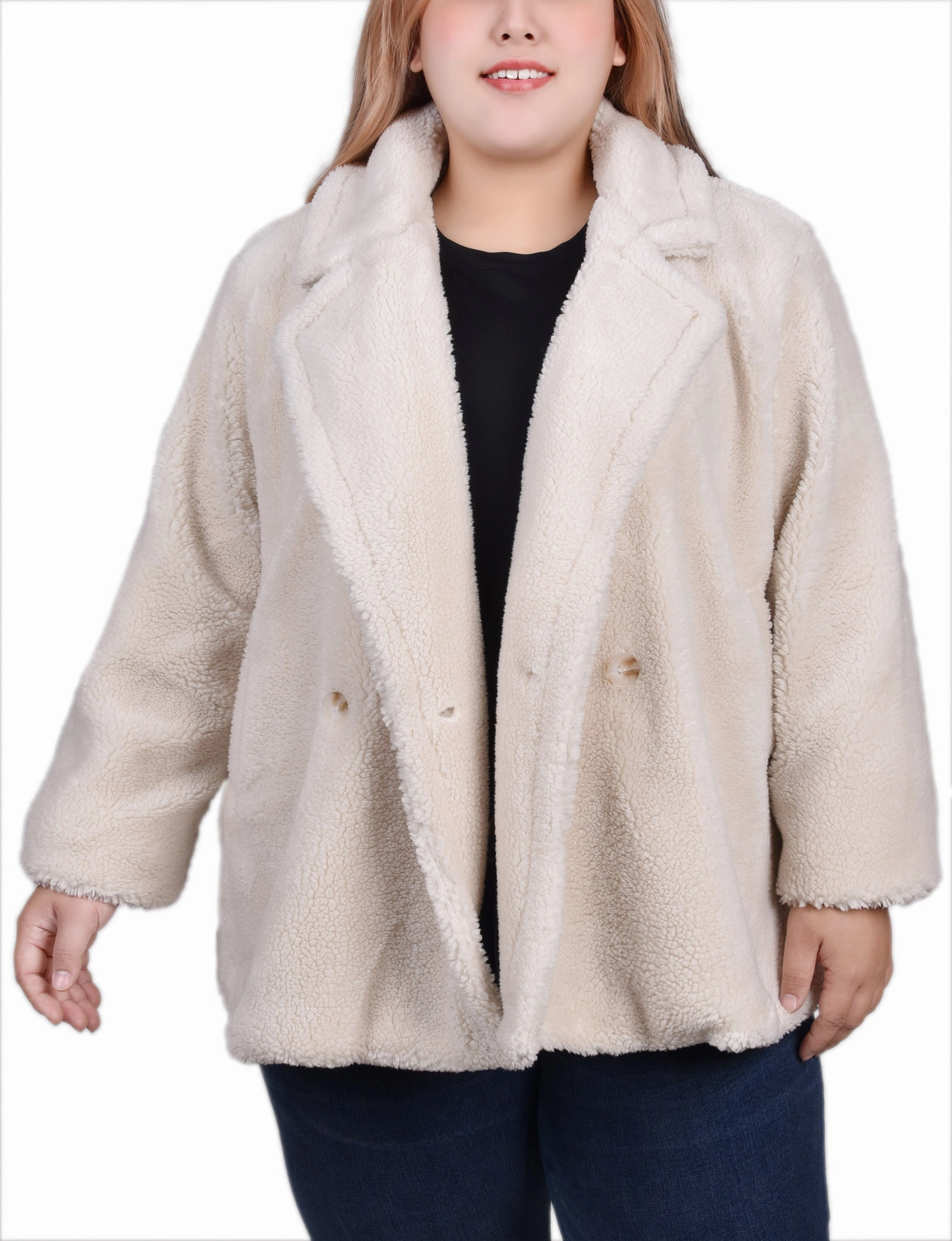 VersatileLayering DurableDoubleLayeredHem Plus Size Long Sleeve Double Breasted Sherpa Jacket