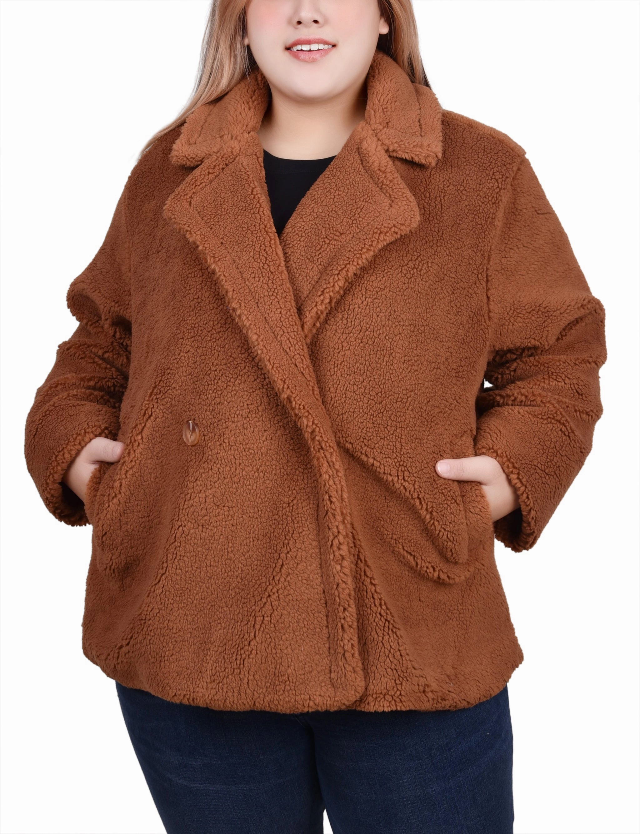 Contoured Armhole Design DoubleStitching Plus Size Long Sleeve Double Breasted Sherpa Jacket
