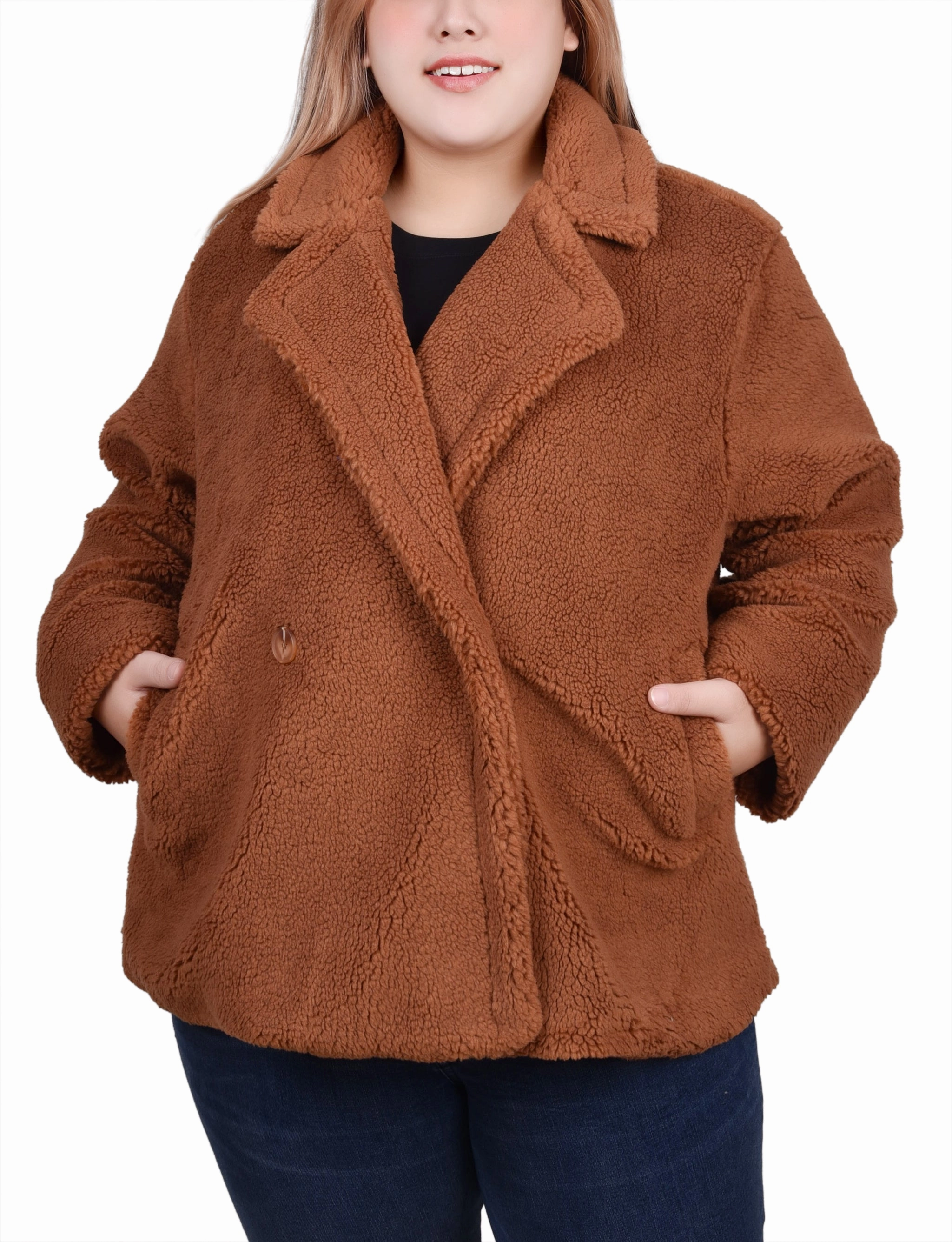 Plus Size Long Sleeve Double Breasted Sherpa Jacket Fashion Statement Friction Reducing Finish
