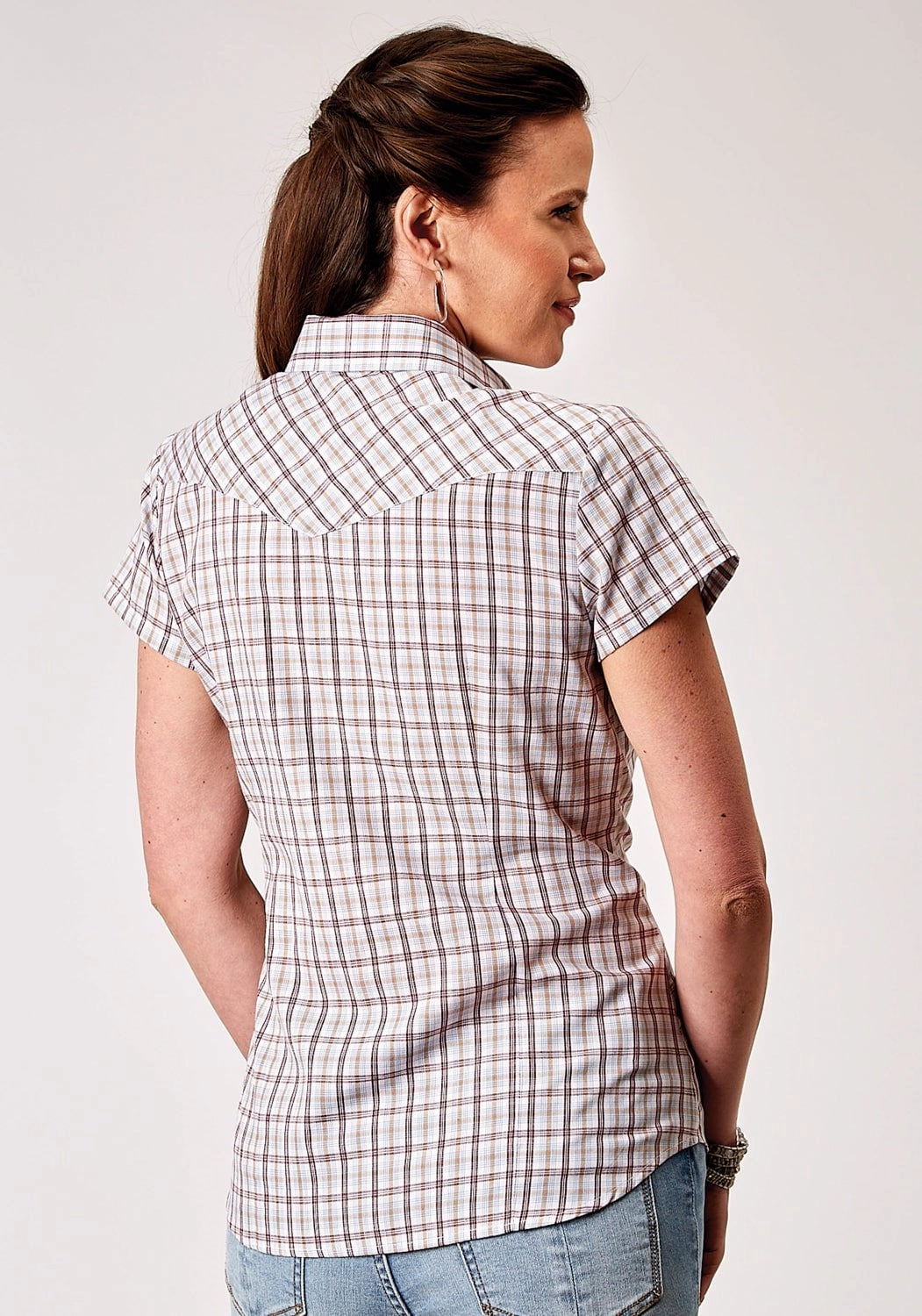 Summer Fashion Brunch Outfit Roper Womens 1969 Vintage Plaid Cream Cotton Blend S/S Shirt