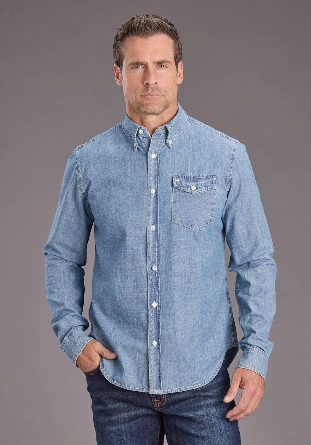 Stetson Mens Chambray 1 Pocket Blue 100% Cotton 1 Pkt L/S Shirt Bold Pattern Quick Dry Technology