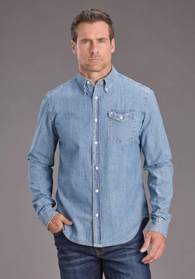 Double Stitched Hems Hidden Placket Stetson Mens Chambray 1 Pocket Blue 100% Cotton 1 Pkt L/S Shirt