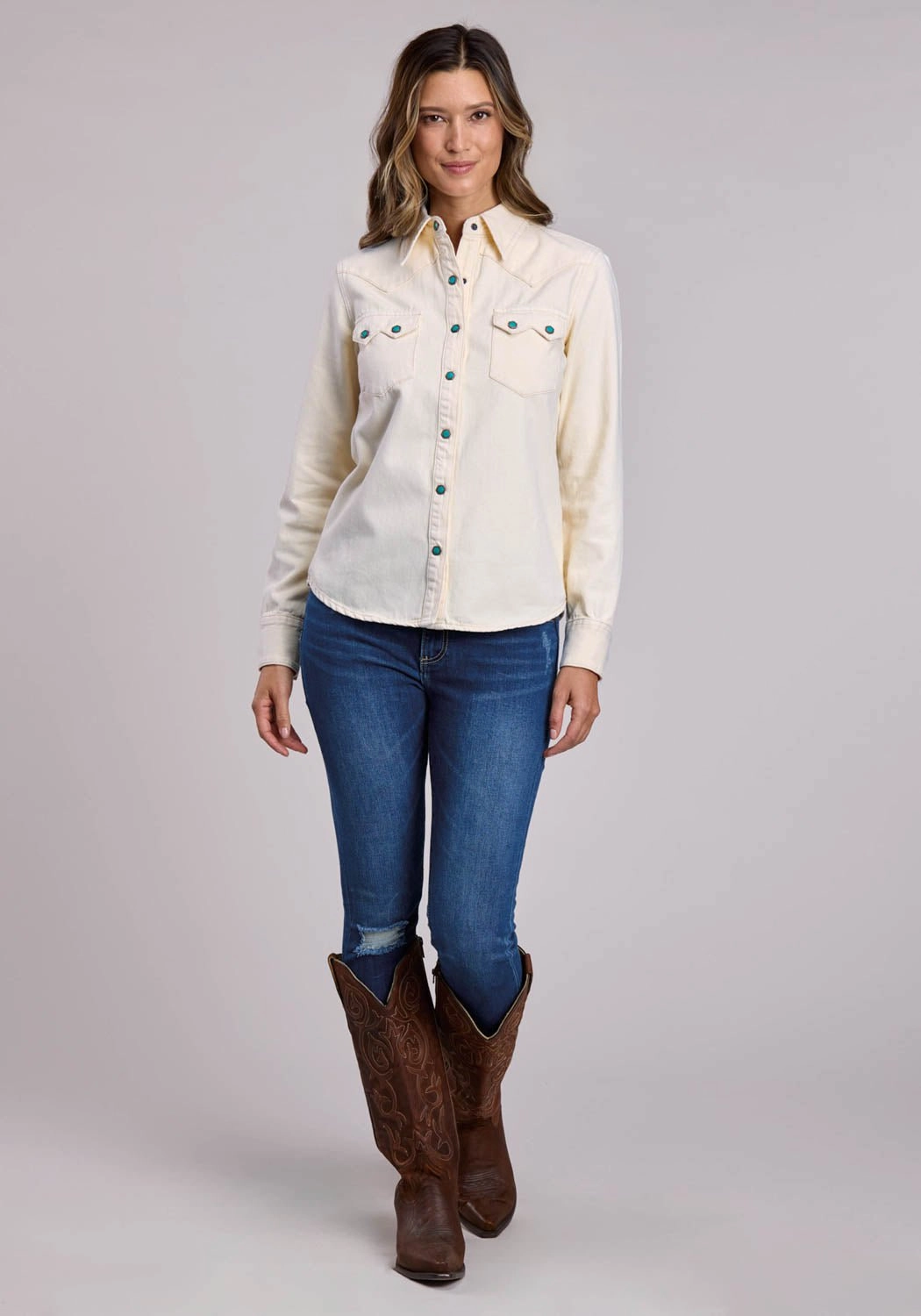 Flexible Shoulder Panels Reinforced Hems Stetson Womens 3 Point Back Yoke Cream 100% Cotton L/S Shirt