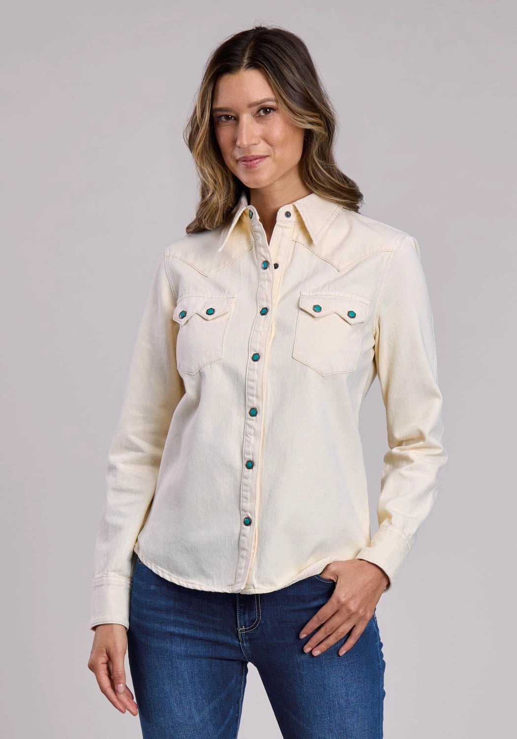 Lakeside Relaxation Seasonal Fashion Stetson Womens 3 Point Back Yoke Cream 100% Cotton L/S Shirt