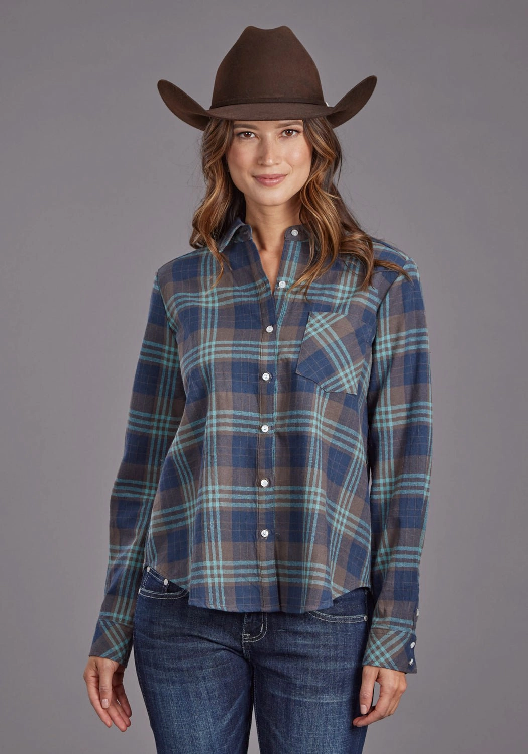 Trendsetting Design Compact Packing Stetson Womens Flannel Plaid Navy 100% Cotton L/S Shirt