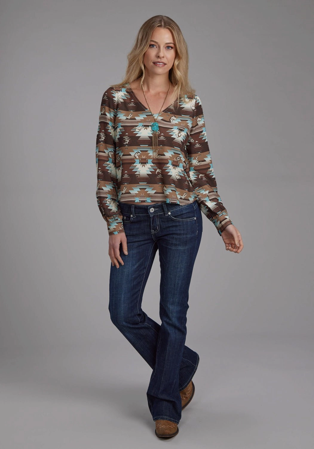 Roper Womens 2201 Icon Aztec Brown Multi 100% Rayon V-neck L/S Blouse Evening Elegance Abrasion Resistant Edging