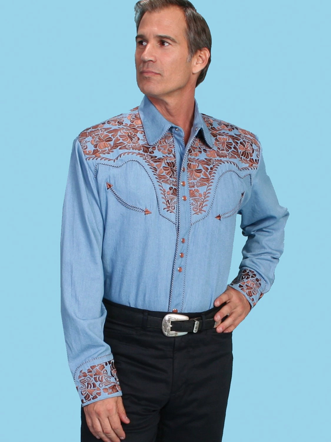 Scully Mens Floral Tooled Embroidery Light Blue Poly/Rayon L/S Shirt S Eco friendly materials Advanced Moisture Management