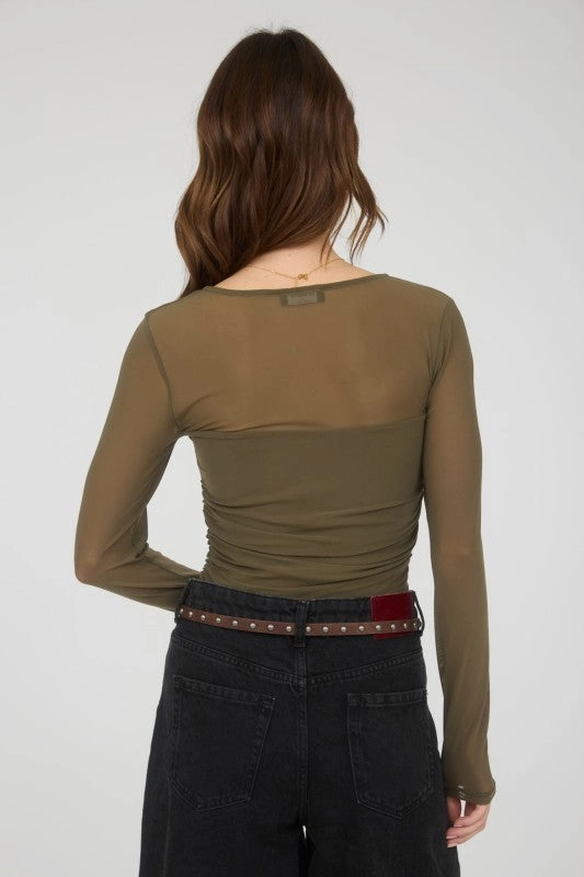 Midweight Texture Rhonda Ruched Waist Square Neck Long Sleeve Knit Top