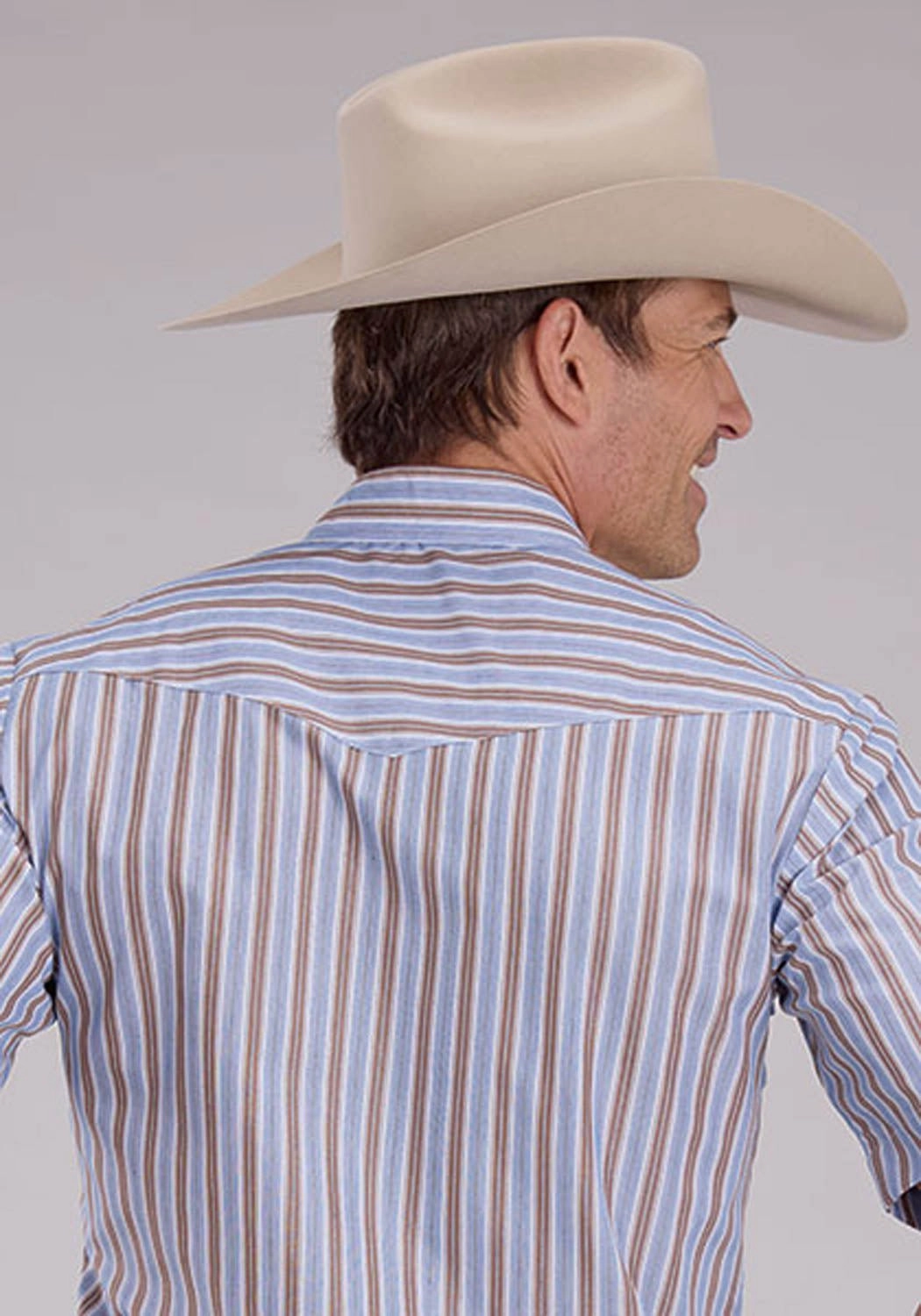 Roper Mens 2476 Western Stripe Brown/Blue Cotton Blend S/S Shirt Durable Stitching Indoor Comfort