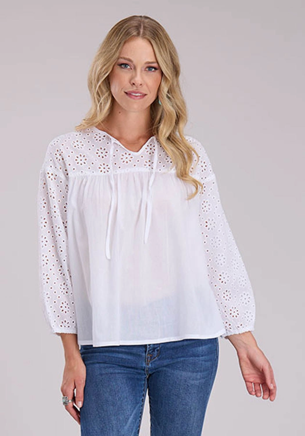 Roper Womens Self Tie Eyelets White 100% Cotton L/S Blouse Customizable Option