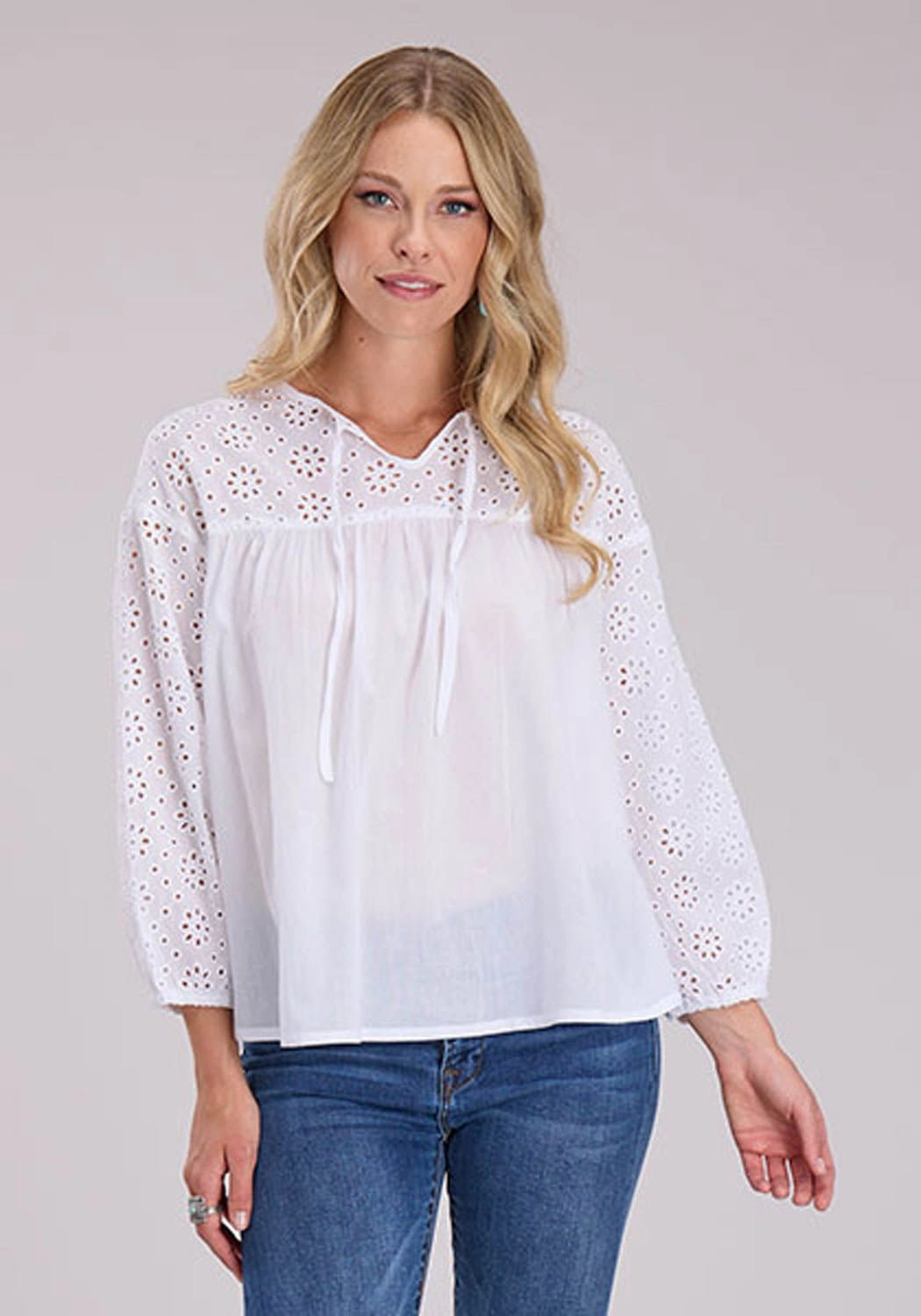 Roper Womens Self Tie Eyelets White 100% Cotton L/S Blouse No Bulk Layering System