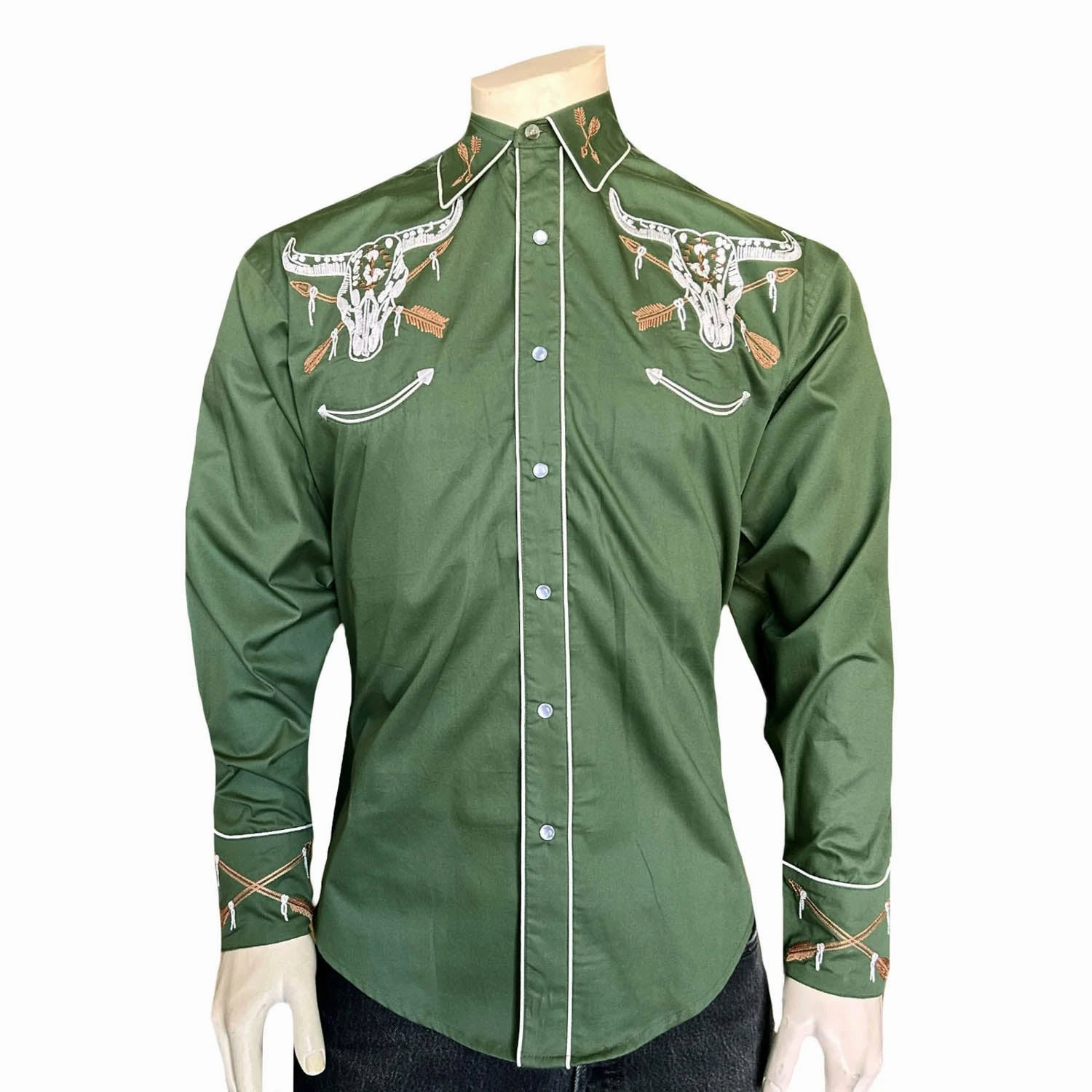 Holiday Travel Rockmount Mens Steer Skull and Arrow Green 100% Cotton L/S Shirt