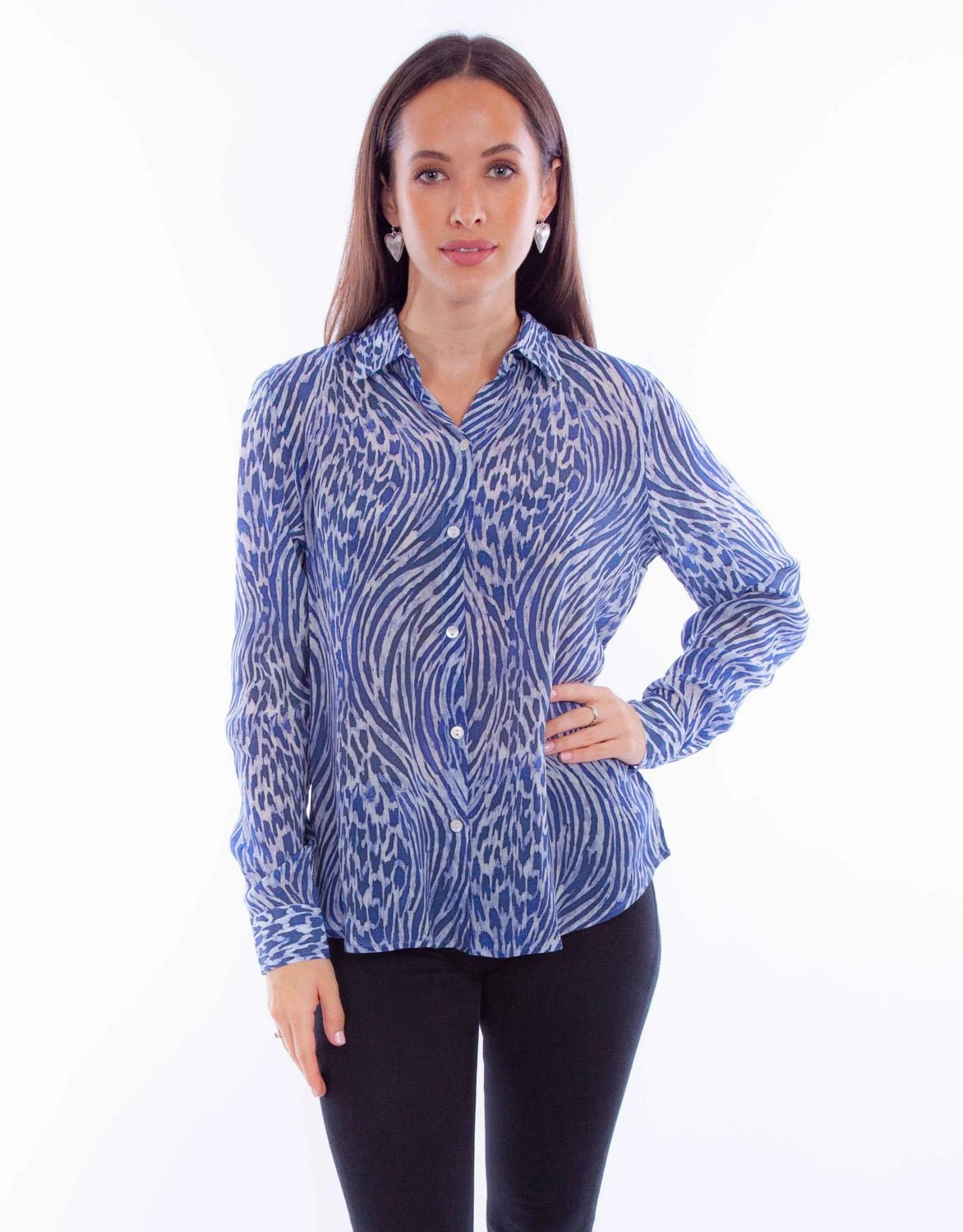 Tailored Cuffs Scully Womens Animal Print Blue Rayon L/S Blouse