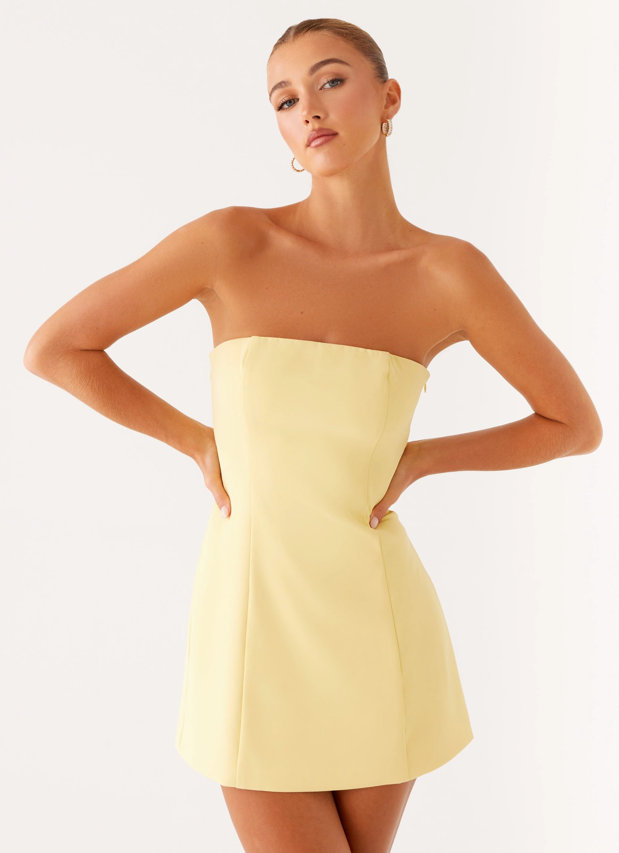 Designer Inspired Breathable fabric Honey Bow Mini Dress - Yellow