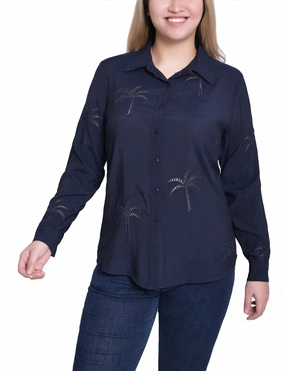 TearResistantWeave LowMaintenanceMaterial Petite Long Sleeve Palm Tree Blouse
