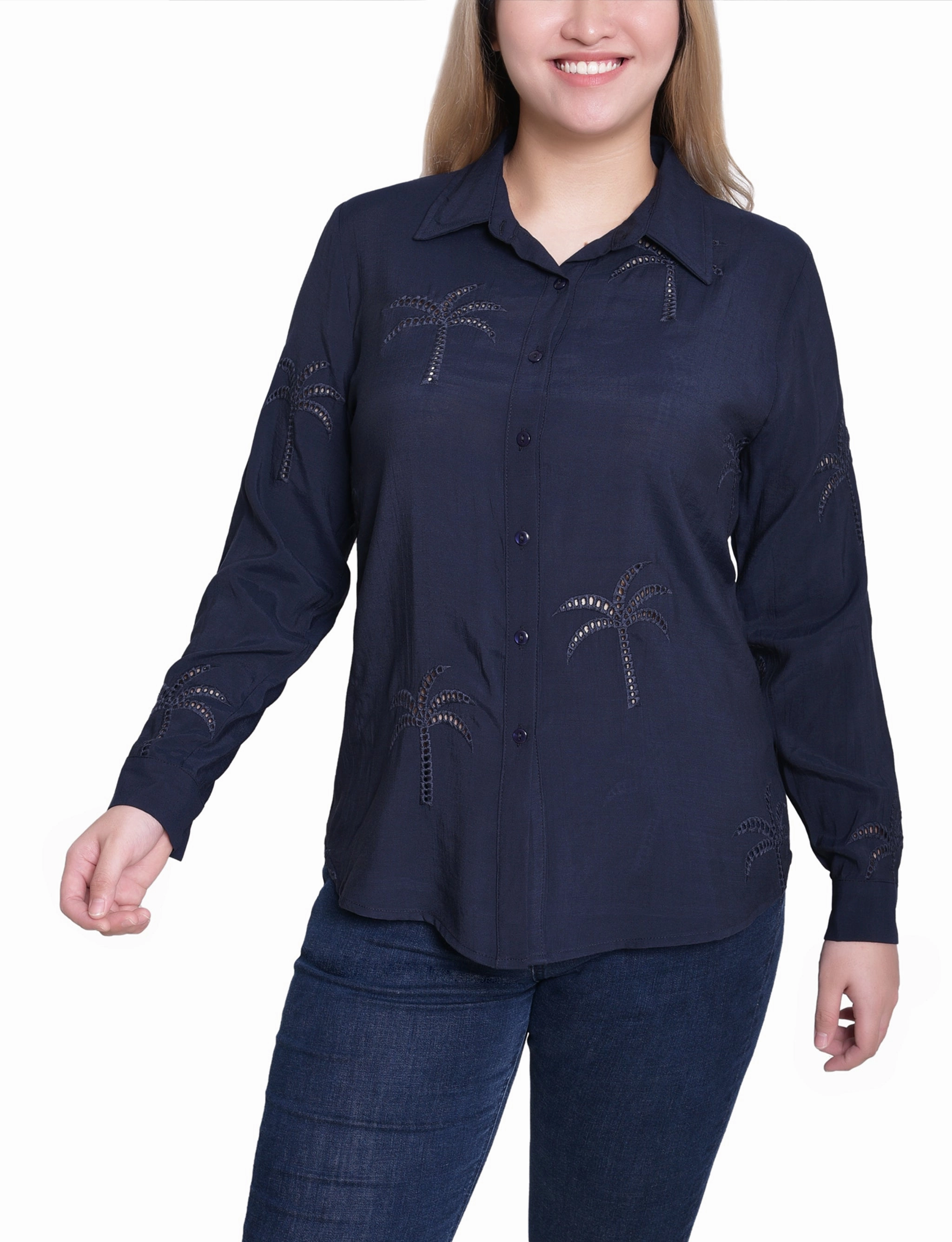 VNeckline Petite Long Sleeve Palm Tree Blouse
