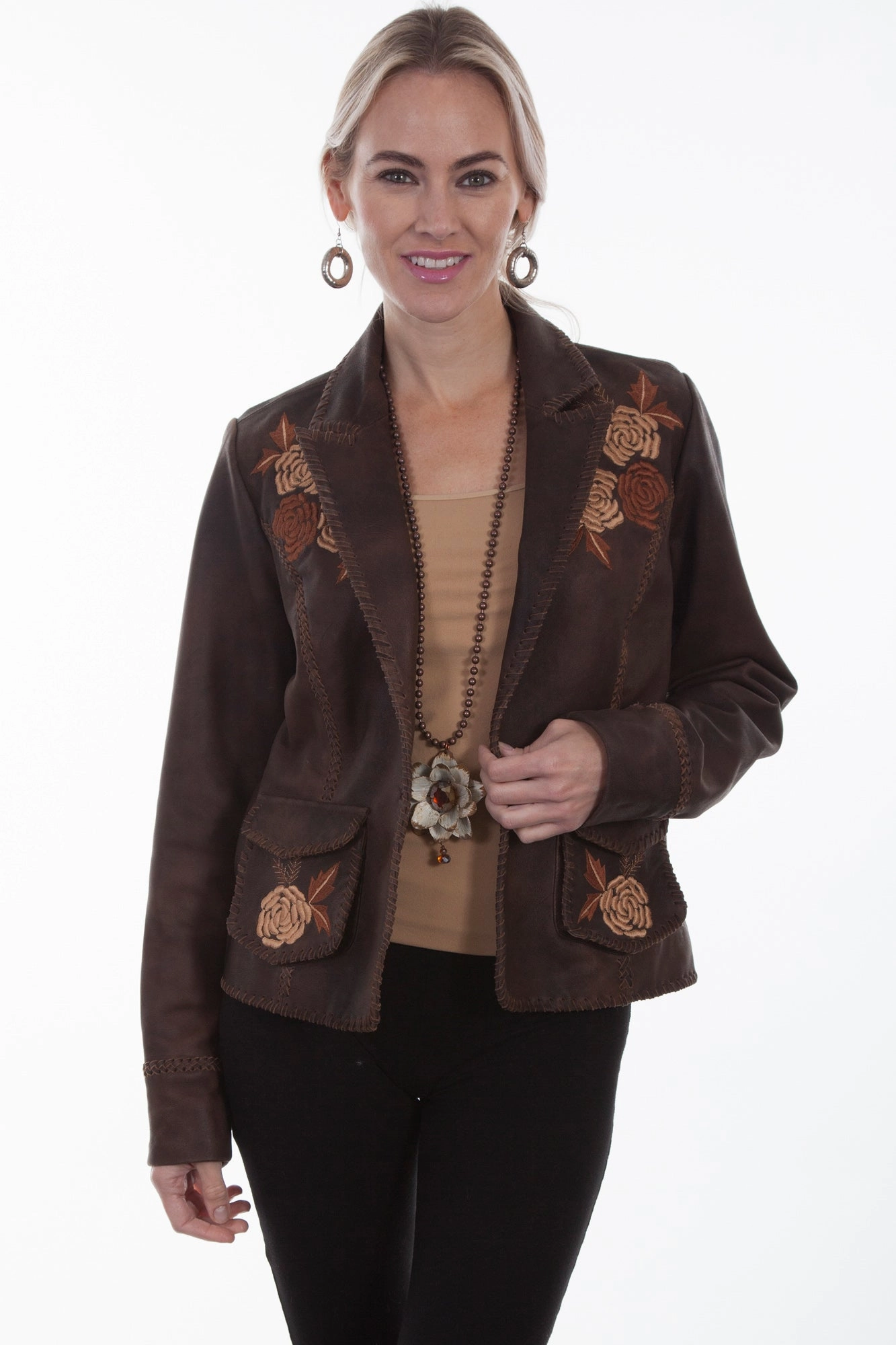 Scully Womens Old Brown Leather Floral Jacket FoldableStorageCapability Scratch Resistant Zippers