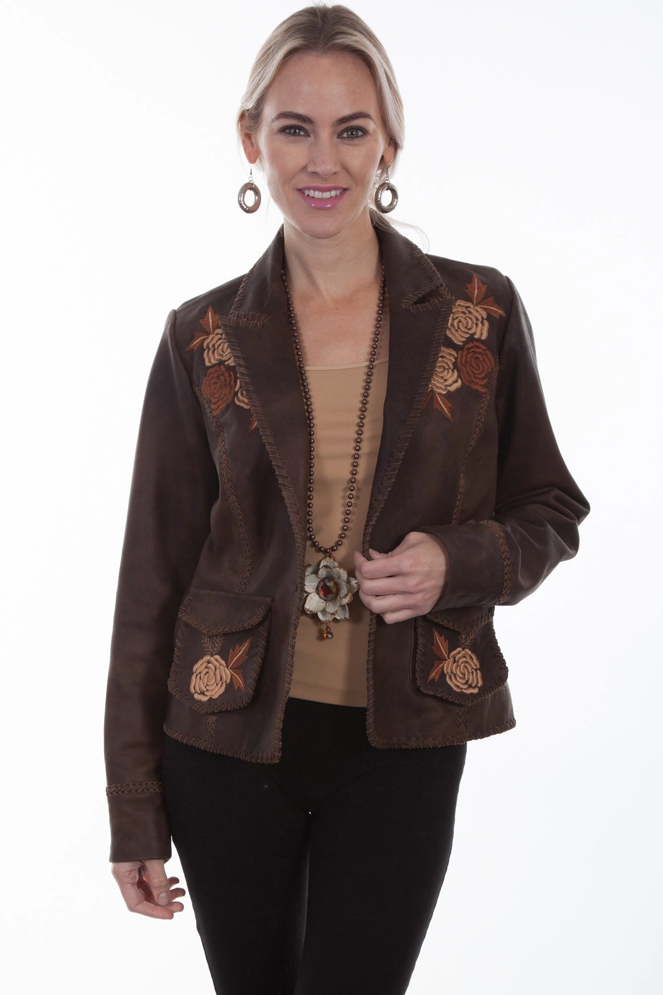 Scully Womens Old Brown Leather Floral Jacket retro look
