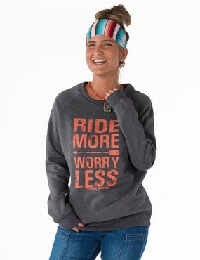Cowgirl Tuff Womens Ride More Worry Less Charcoal Poly/Rayon Sweatshirt Flexible Layer System Anti Pilling